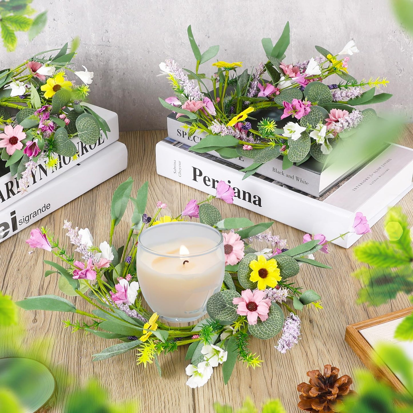 4 Pcs 9" Mini Spring Summer Flowered Wreath Floral Wedding Candle Rings Wreaths Kitchen Cabinet Wreaths with Ribbon for Pillars Wedding Table Centerpiece Farmhouse Party Home Door All Seasons Decor