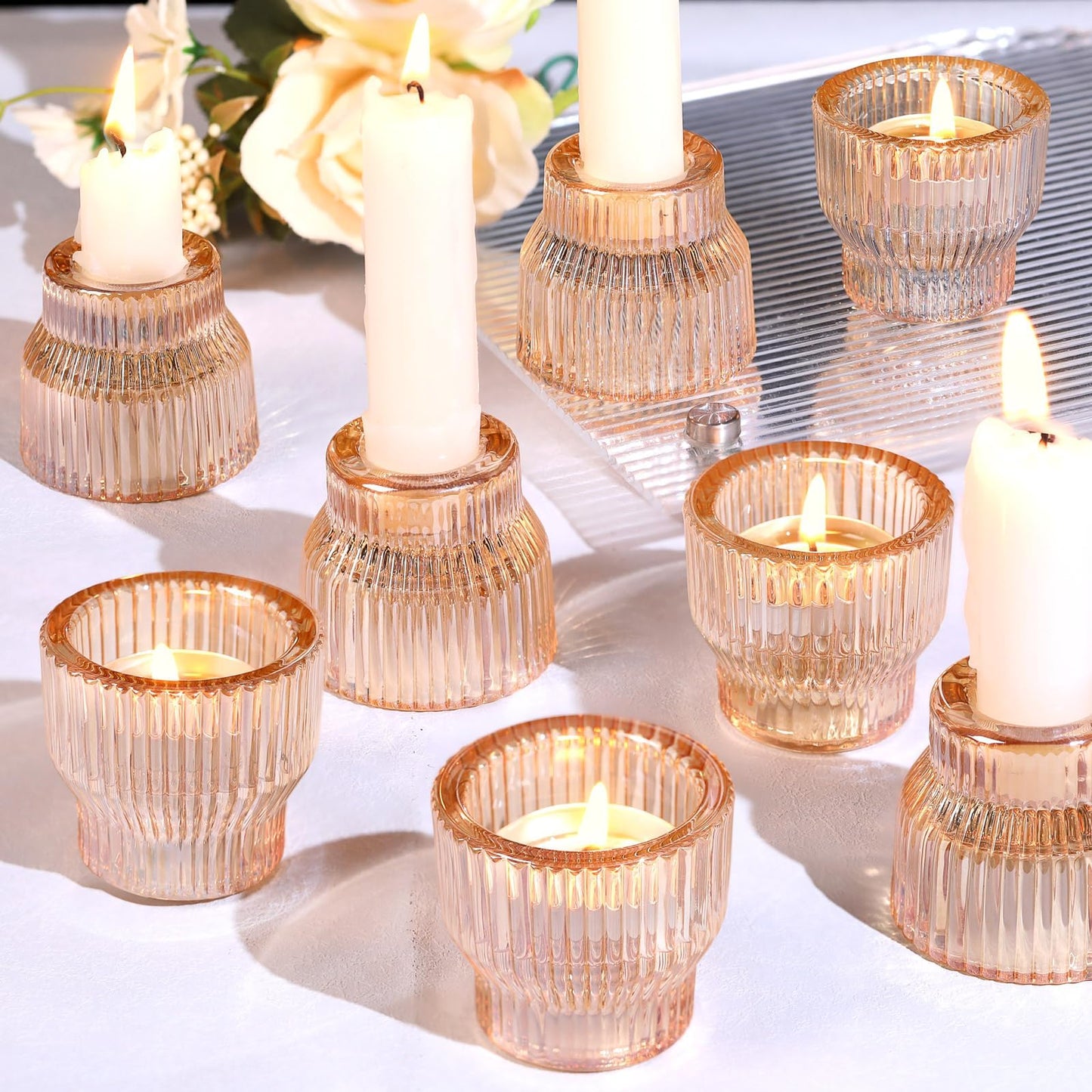 HAVITI 12 Pack Gold Taper Candle Holders, Glass Candlestick Holders, Tea Light Candle Holder for Fall Wedding Centerpieces Table Decorations, Votive Candle Holders for Table Decor