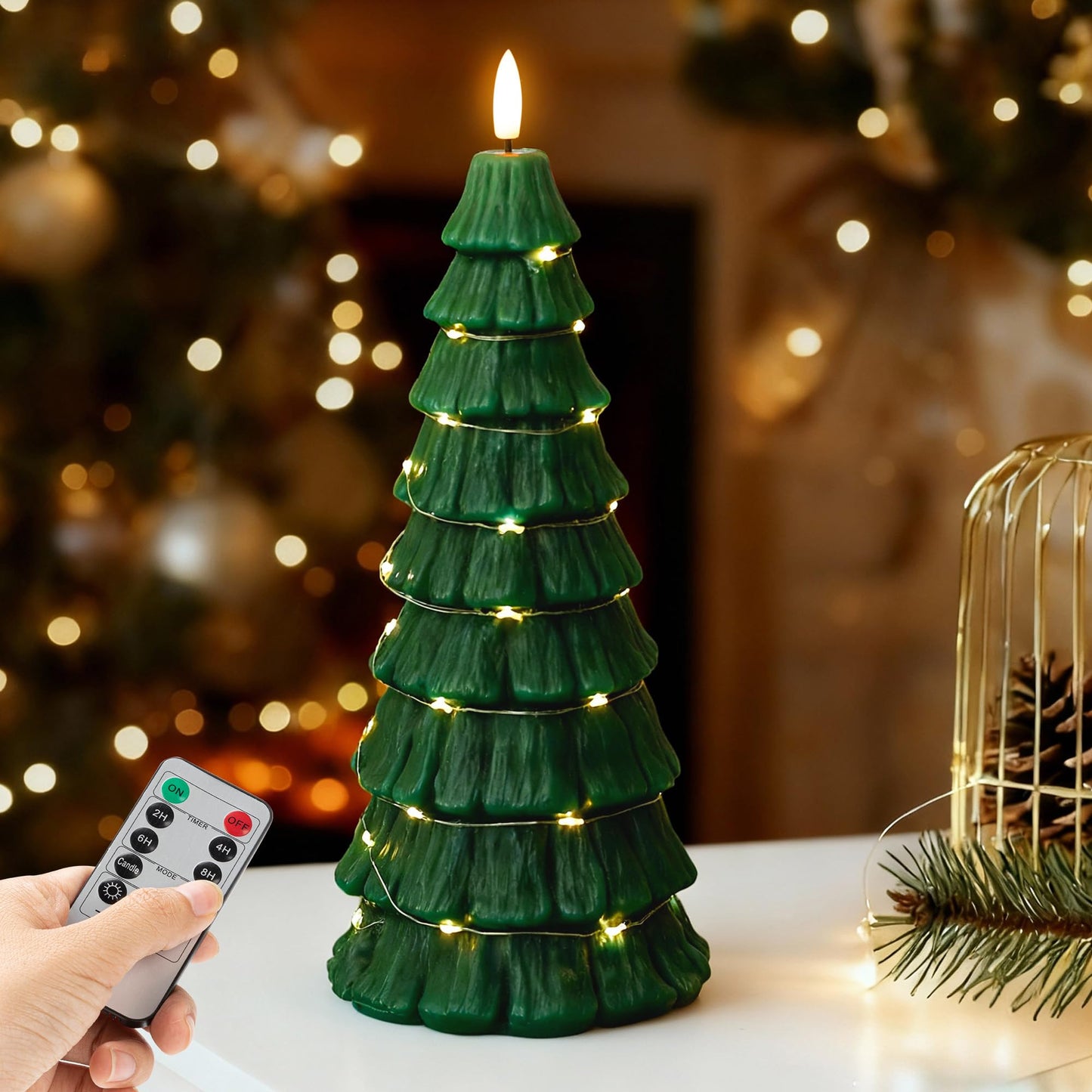 Flameless Christmas Tree Candles with Remote, 3D Flickering Flame Battery Operated LED Candle with Starlight String, Large Electric Tree Candles for Christmas Home Decor, Green