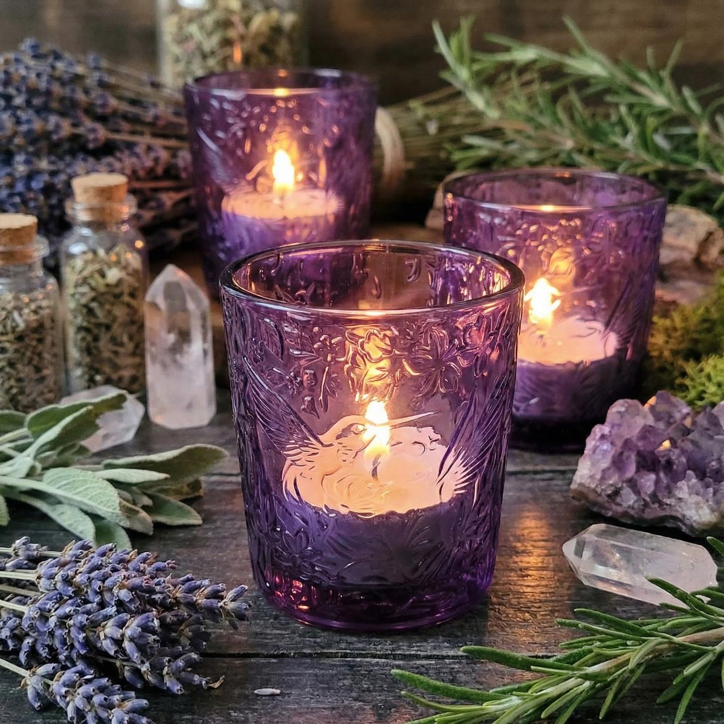6 Pack Hummingbird Embossed Glass Candle Holders Votive Tealight Holders with Patent Design, Decorative Cups for Wedding Centerpieces, Parties, and Home Decor (Ocean Blue)