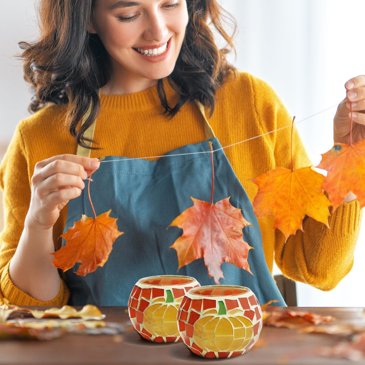 4 PCS Pumpkin Candle Holders, Fall Table Centerpiece Decorations, 100% Mosaic Glass Votive Tealight Candle Holders for Thanksgiving Halloween Indoor Outdoor Decor