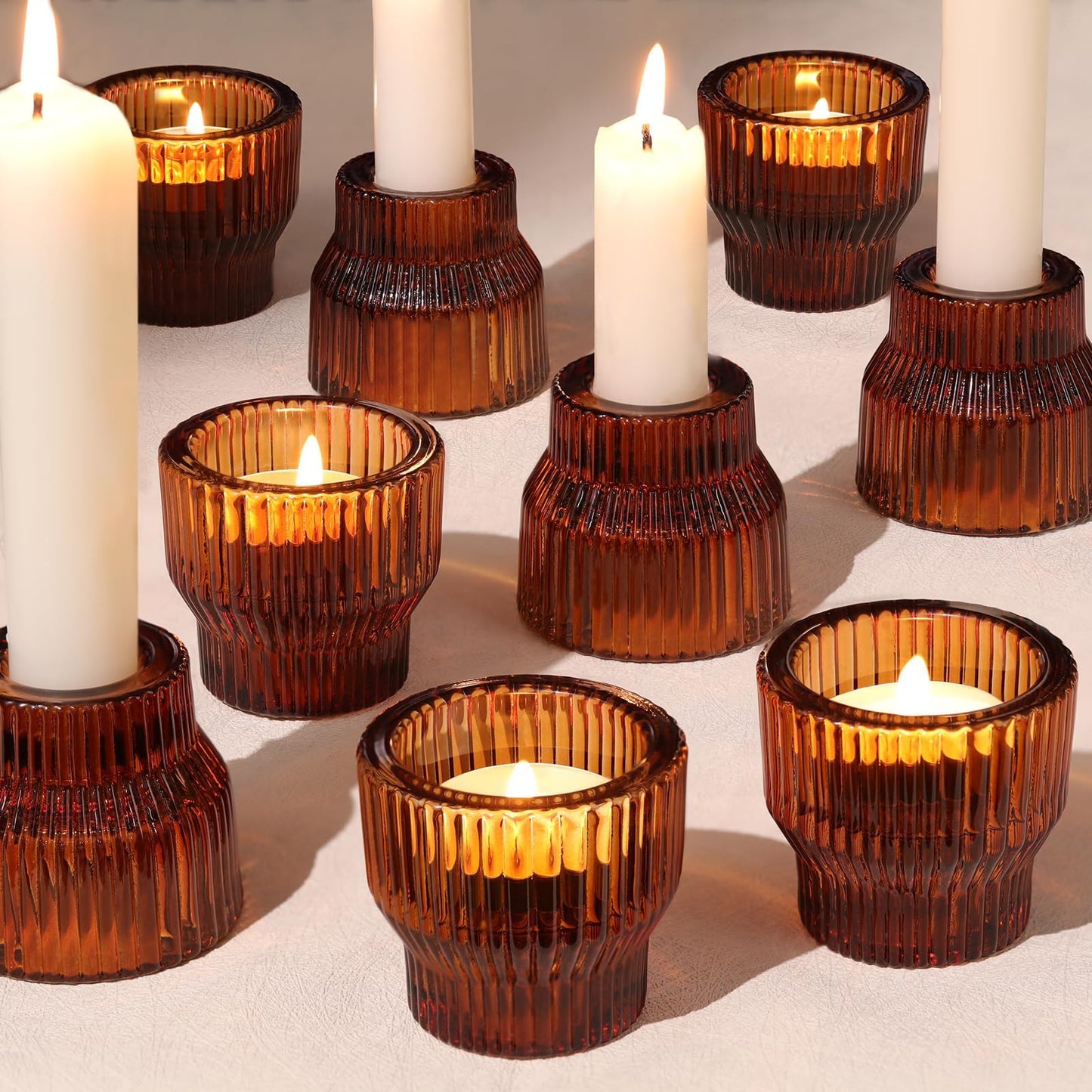 HAVITI 12 Pack Amber Taper Candle Holders, Glass Candlestick Holders, Tea Light Candle Holder for Fall Wedding Centerpieces Table Decorations, Votive Candle Holders for Table Decor