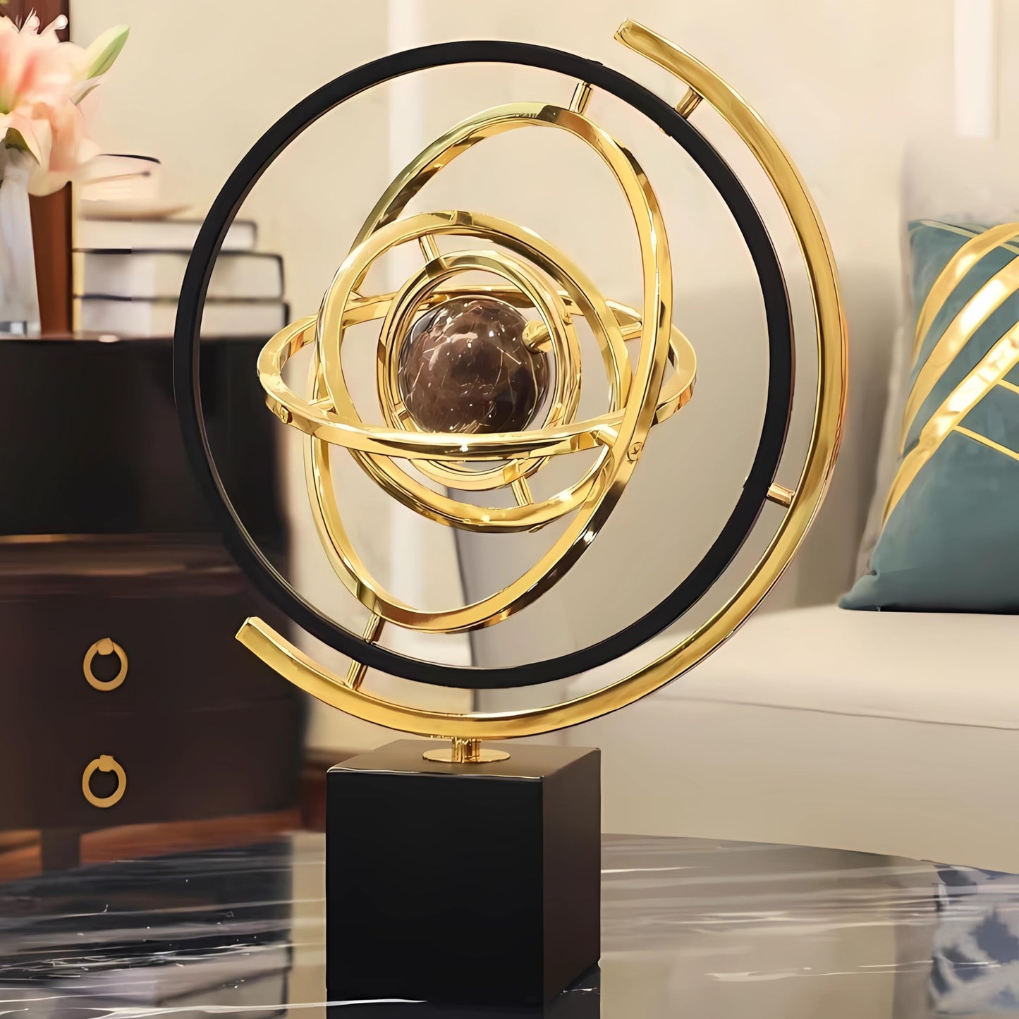 BG-DRGNING Gold Globe Abstract Art Decor, Sculptures with Rectangle Stands, Desk Decor - Black & Gold (XL, Globe)