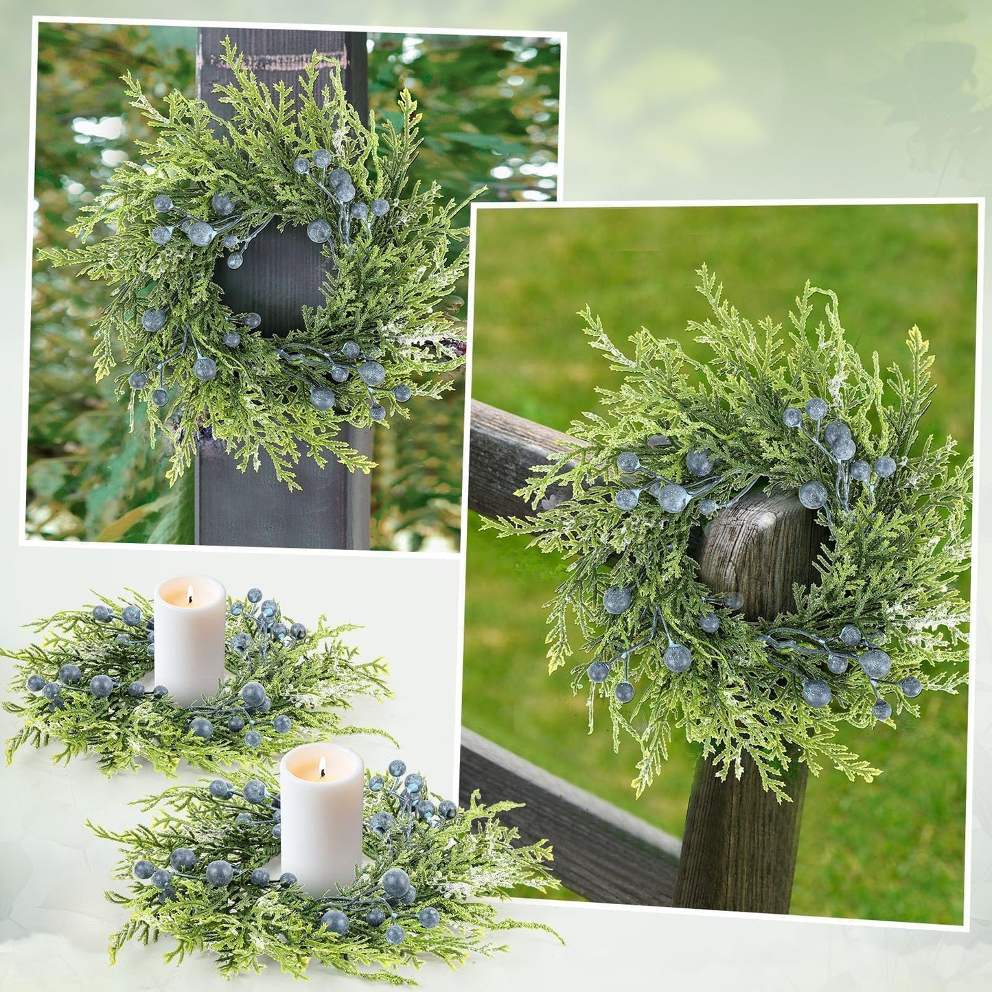 4 Pcs 3” Blueberry Candle Rings Spring Wreaths Mini Berries Table Centerpieces Wreaths Farmhouse Green Small Wreath for Pillars Kitchen Cabinet Front Door Porch Wall Decoration