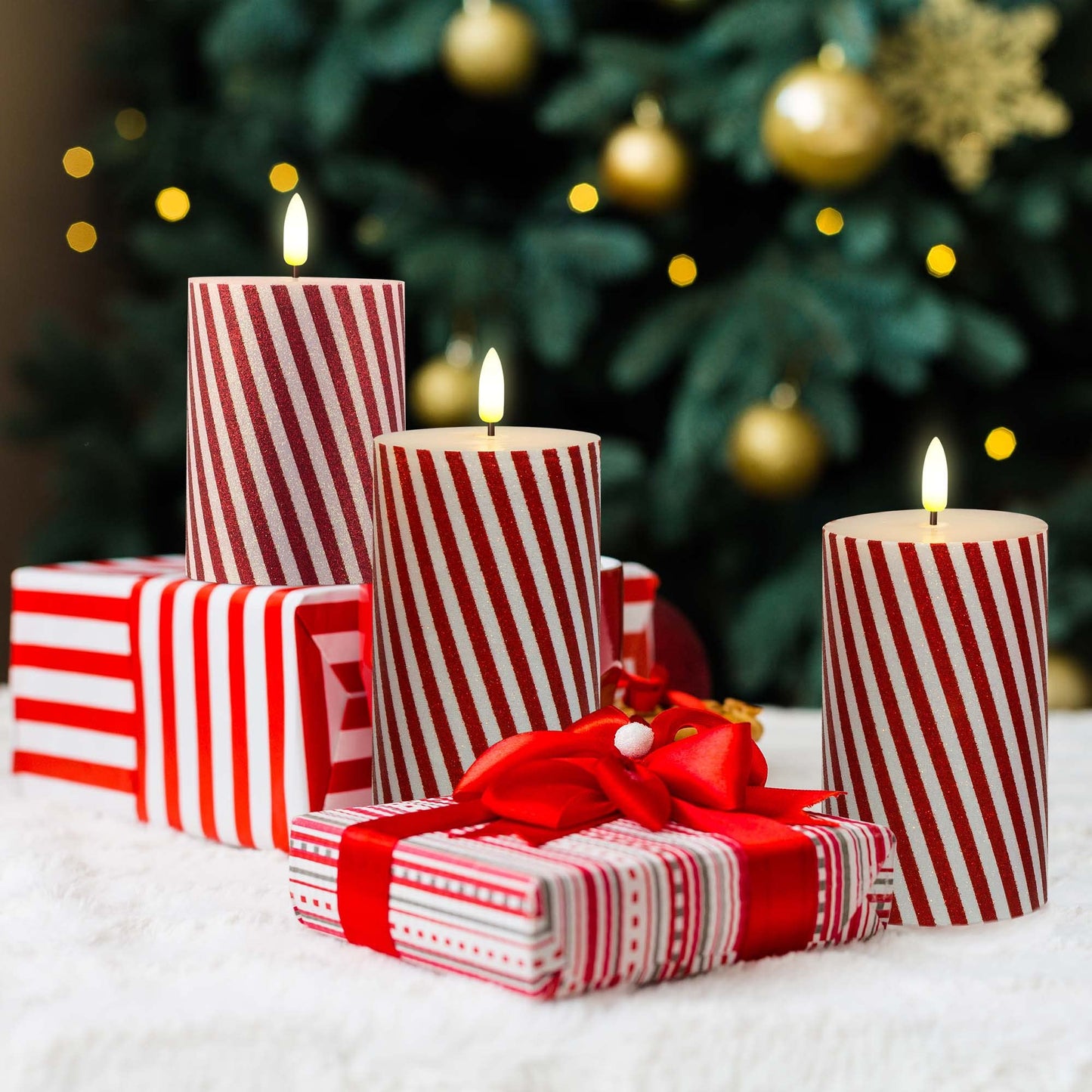 Yongmao Christmas Flickering Red Stripes Glitter Flameless Candles, Battery Operated Pillar Real Wax LED Electric Candle with Remote Timer for Home Christmas Party Decor D3 x H4 5" 6" Set of 3
