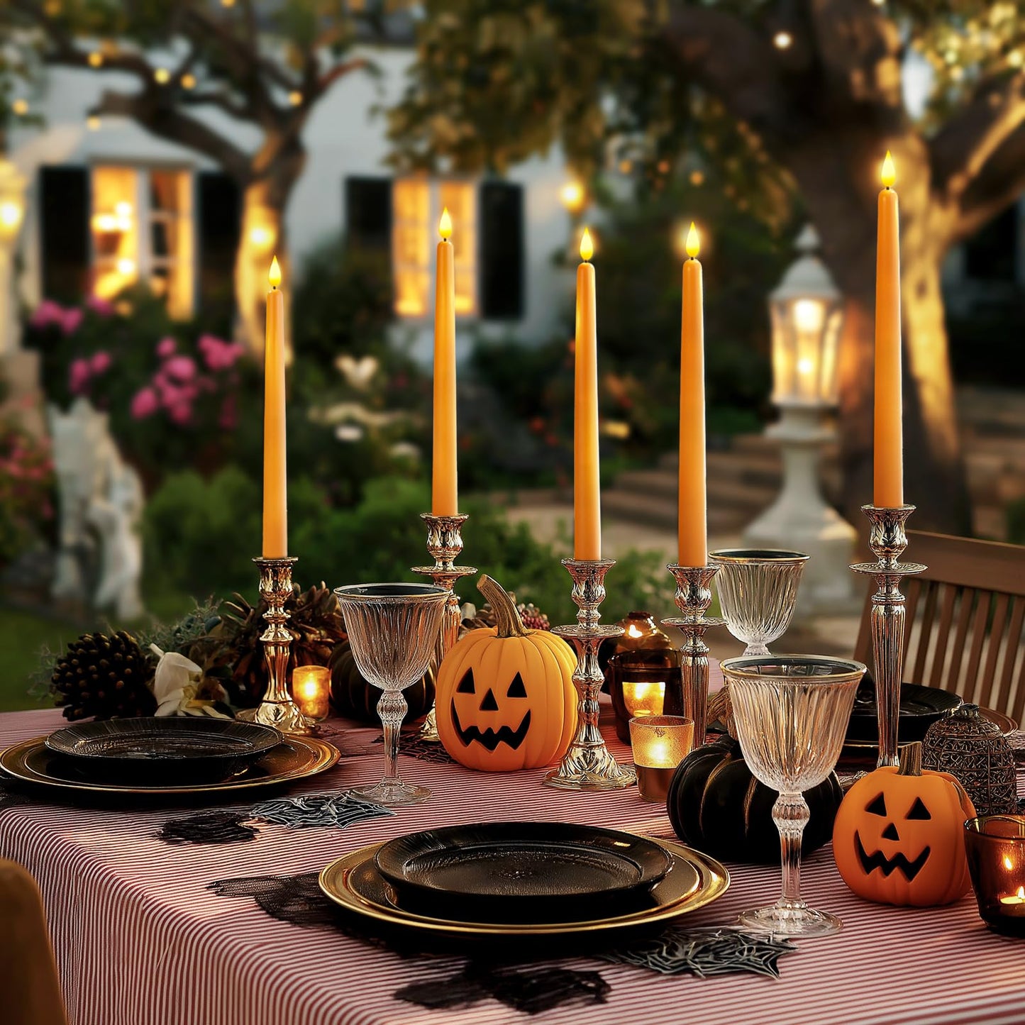 Homemory 12 Pcs Flameless Taper Candles with Remote Timer Dimmer, 11 inches Orange Taper Candles Battery Operated, Plastic LED Candlesticks with Flickering Flame for Halloween Decoration