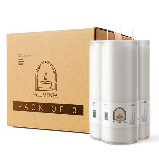Alumenza Bulk 3 Pack White 7 Day Candles in Glass Jar – Paraffin Wax, Clean Burning Unscented | Large & Tall Devotional Prayer Pillar Candles for Home, Memorial, Spells, Long Lasting