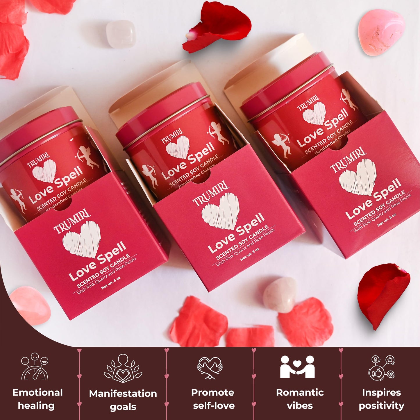Love Spell - Scented Candles for Women & Men with Rose Petals and Crystals - Pack of 3 x 5oz Soy Clean Organic Non Toxic - Velas Aromáticas - Aromatherapy Spa Valentines Gift Candel