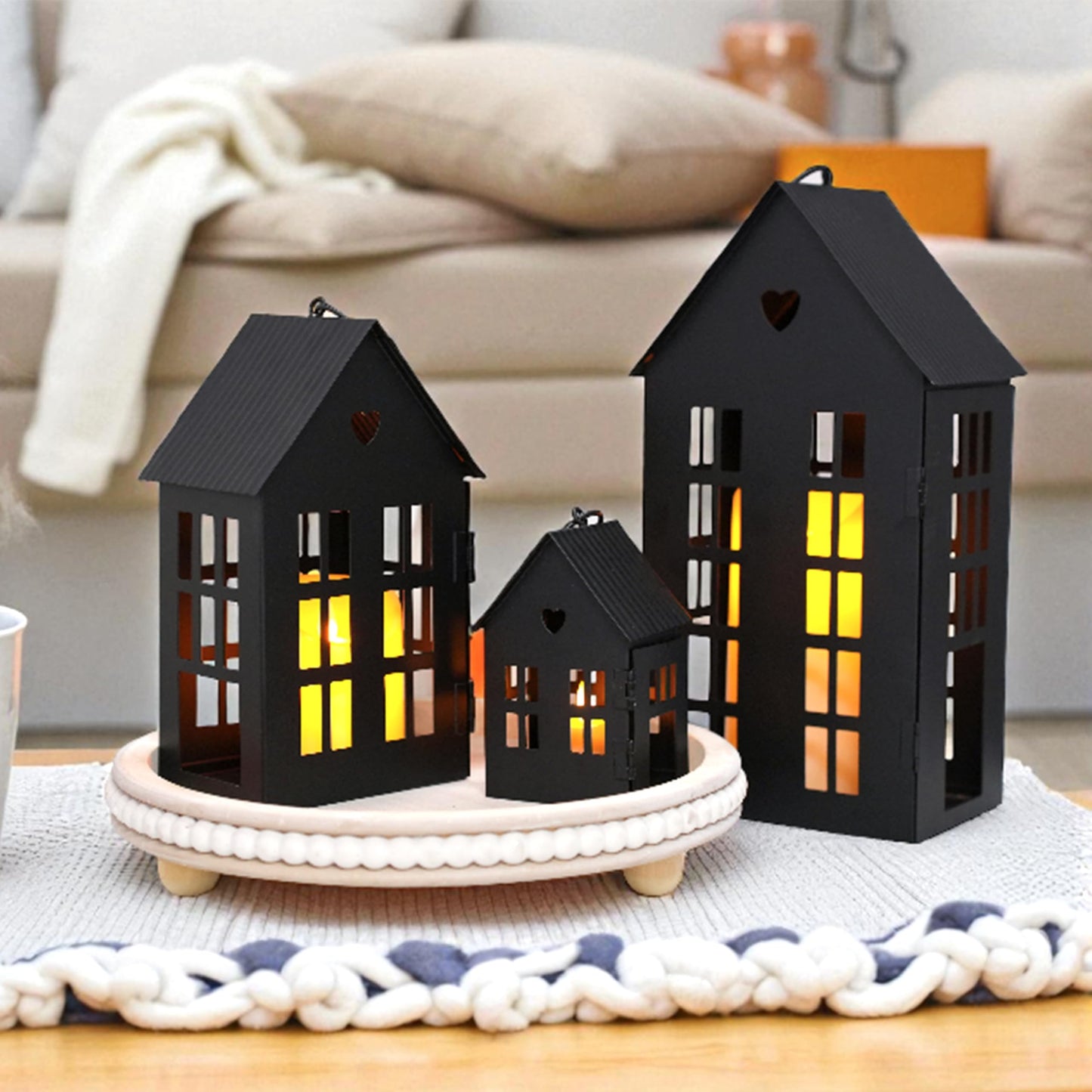 TRIROCKS Set of 3 Decorative Hanging Lanterns 13.5"&9.5"&5.5" H Gothic Street Town House Village Decor Candle Holders for Home Garden Yard Patio Gothic Parties Events Indoors Outdoors(Black)