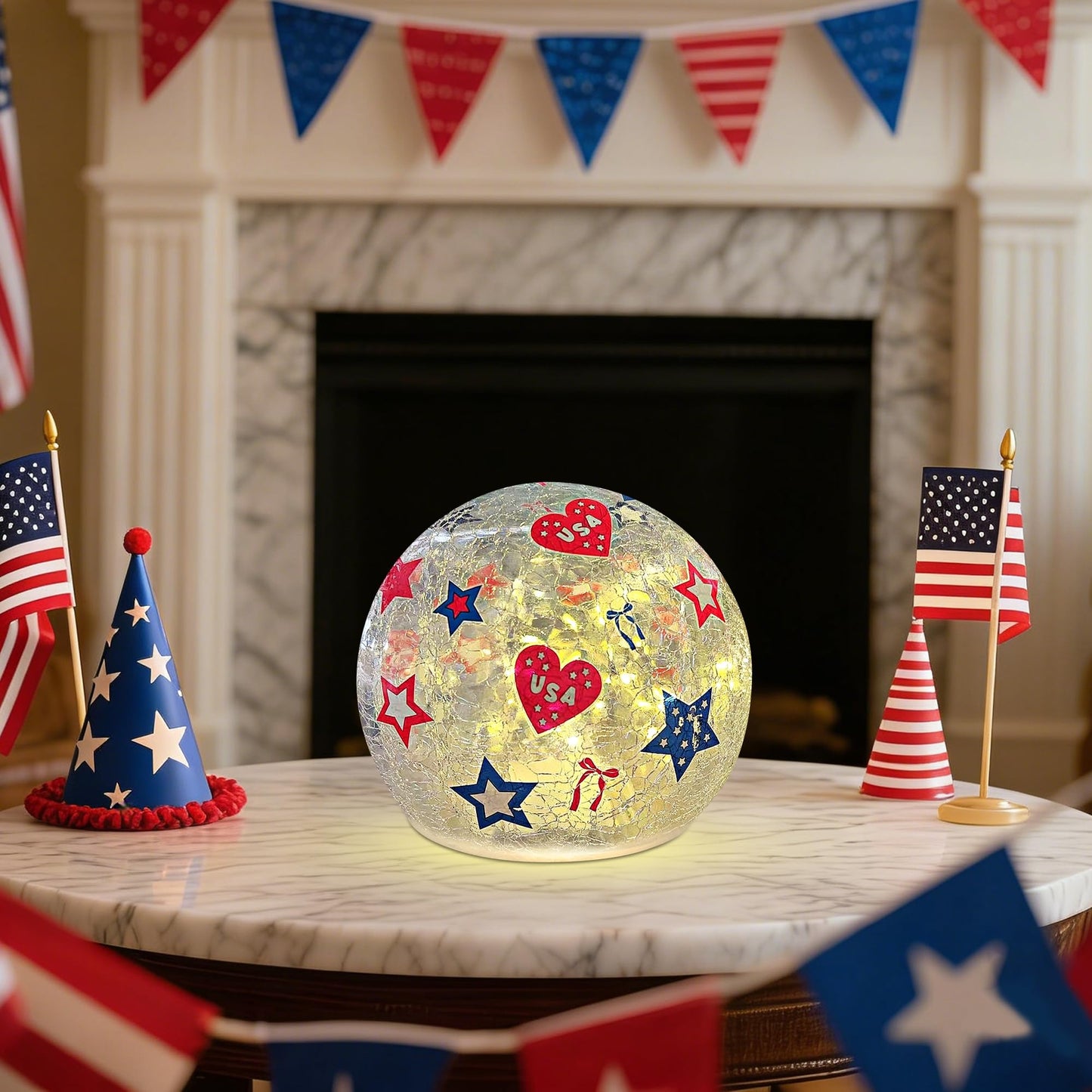 3PCS Independence Day Decorative Lights, 3.93-inch Independence Day Desktop Decoration LED Night Light, Cracked Glass Ball Light with Timer, 4th of July Decoration (Love)