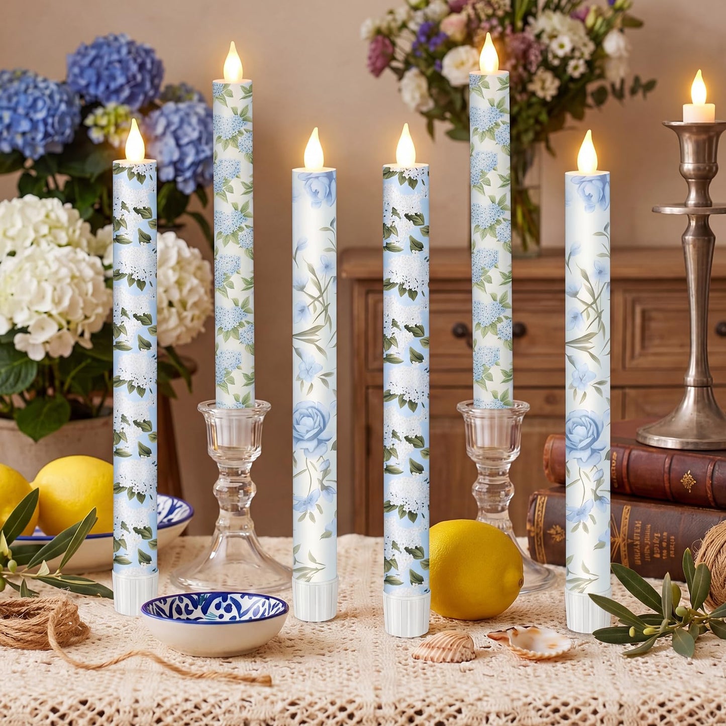 Lyrow 6 Pcs Blue Floral Flameless Taper Candles 11 Inch Hydrangea Flameless Candles Real Wax LED Candle Flickering Battery Operated Candlesticks for Wedding Anniversary Summer Gifts