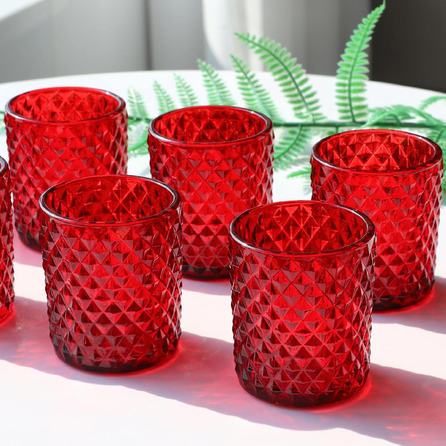Woho Red Votive Candle Holders Bulk Set of 12, Glass Tea Lights Candle Holder for Wedding Table Centerpiece, Studded Diamond Tealight Candle Holder for Christmas Party Holiday Home Decor