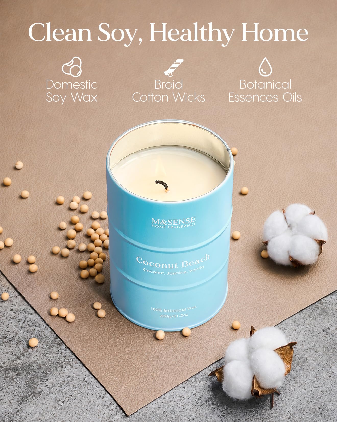 M&SENSE Coconut Beach Scented Candles Large Summer Candle, Natural Soy Candles 21.2oz Beach Candle,Aromatherapy Candle for Stress Relief Meditation Relaxing