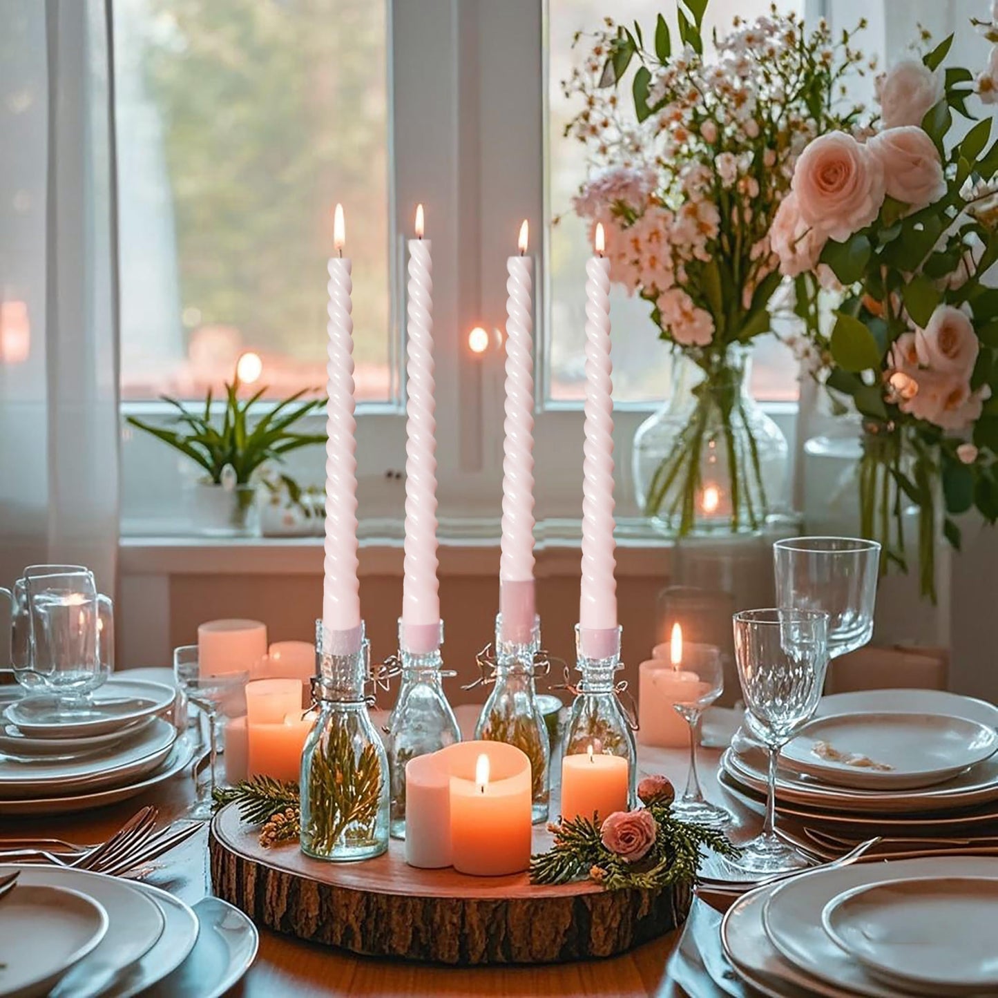 8 Pack 10 Inch Pale Pink Spiral Taper Candle Set, 7/8 Inch Unscented Driples Candlesticks for Home Decoration, 6-7 Hours Burn