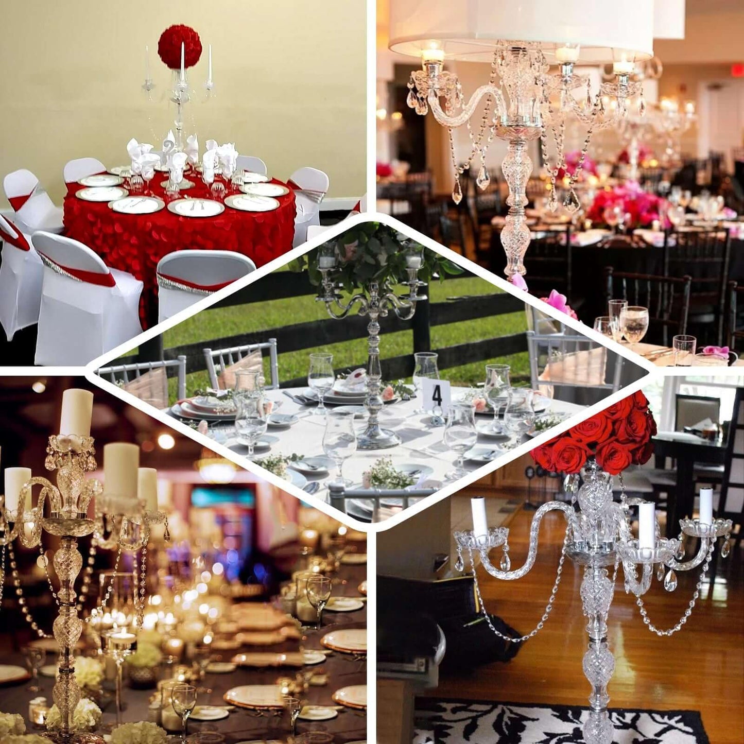 Efavormart 4-Arm Crystal Chandelier Candelabra 35" Silver - Metal Taper Candlestick Holder Table Centerpiece for Events