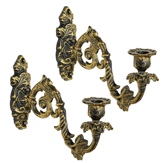 Sungmor Set of 2 Ornate Cast Iron Wall Candle Sconces,Distressed Gold with Black Accents,Vintage Taper Candle Holders,Decorative Wall-Mounted Sconces for Living Room,Bedroom and Farmhouse Decor