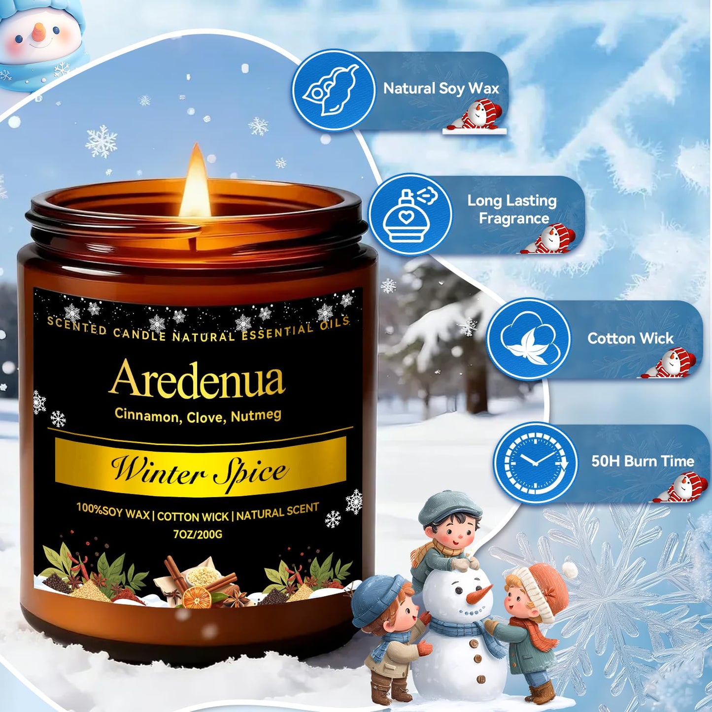 Winter Candles – Winter Spice Candle | Holiday Scented Candles, 7oz Soy Candle for Home - Christmas Gifts for Men Women - 50H Clean Long Lasting Burn, Aromatherapy Gift for Relaxation