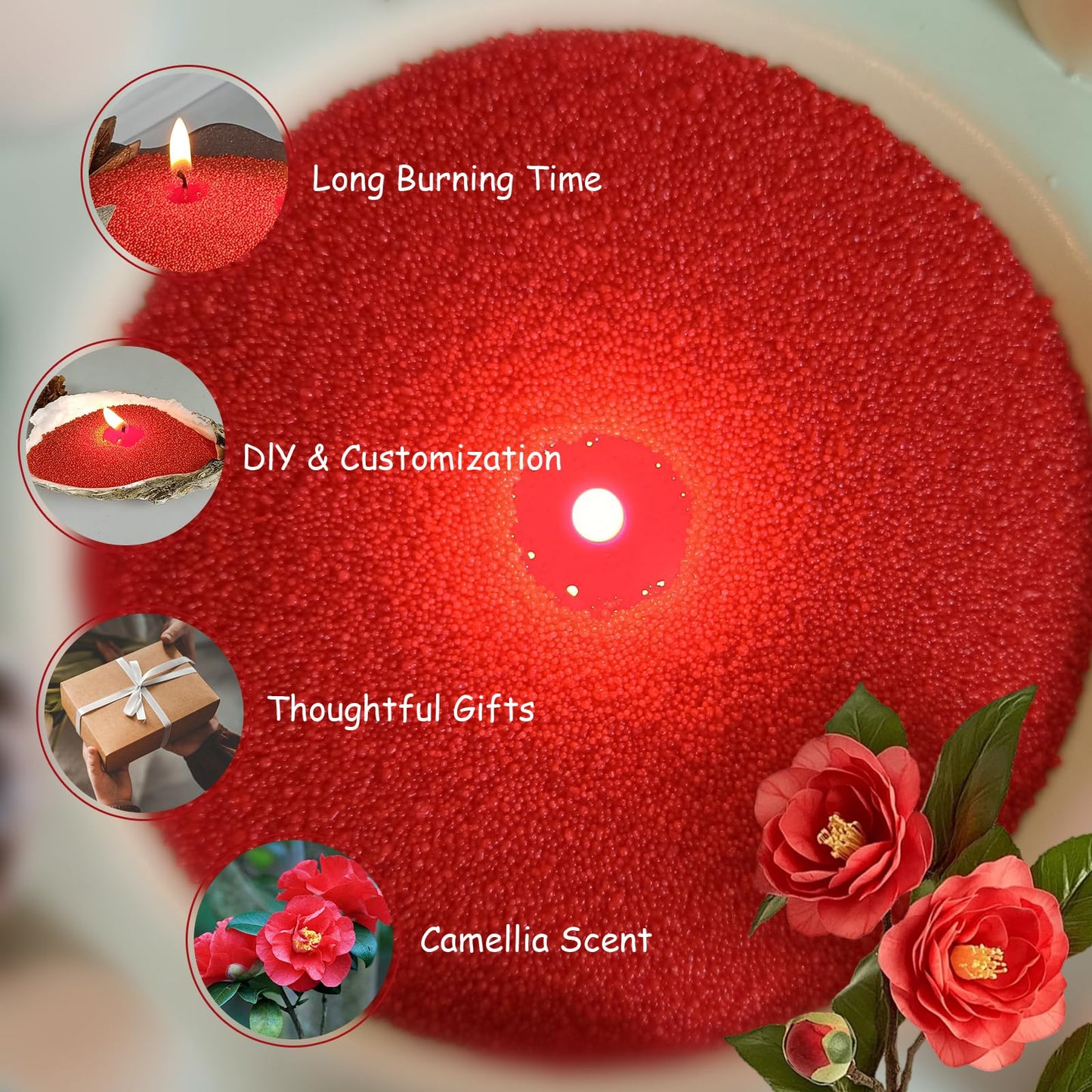 Pearled Candles with 30 Wicks -18 Oz YUKCAXDLS Crimson Camellia Breeze Scented DIY Pearleds Wax Refillable for Making Lasts up to 100+ Hours of Steady Burn Burn Smokeless - Red