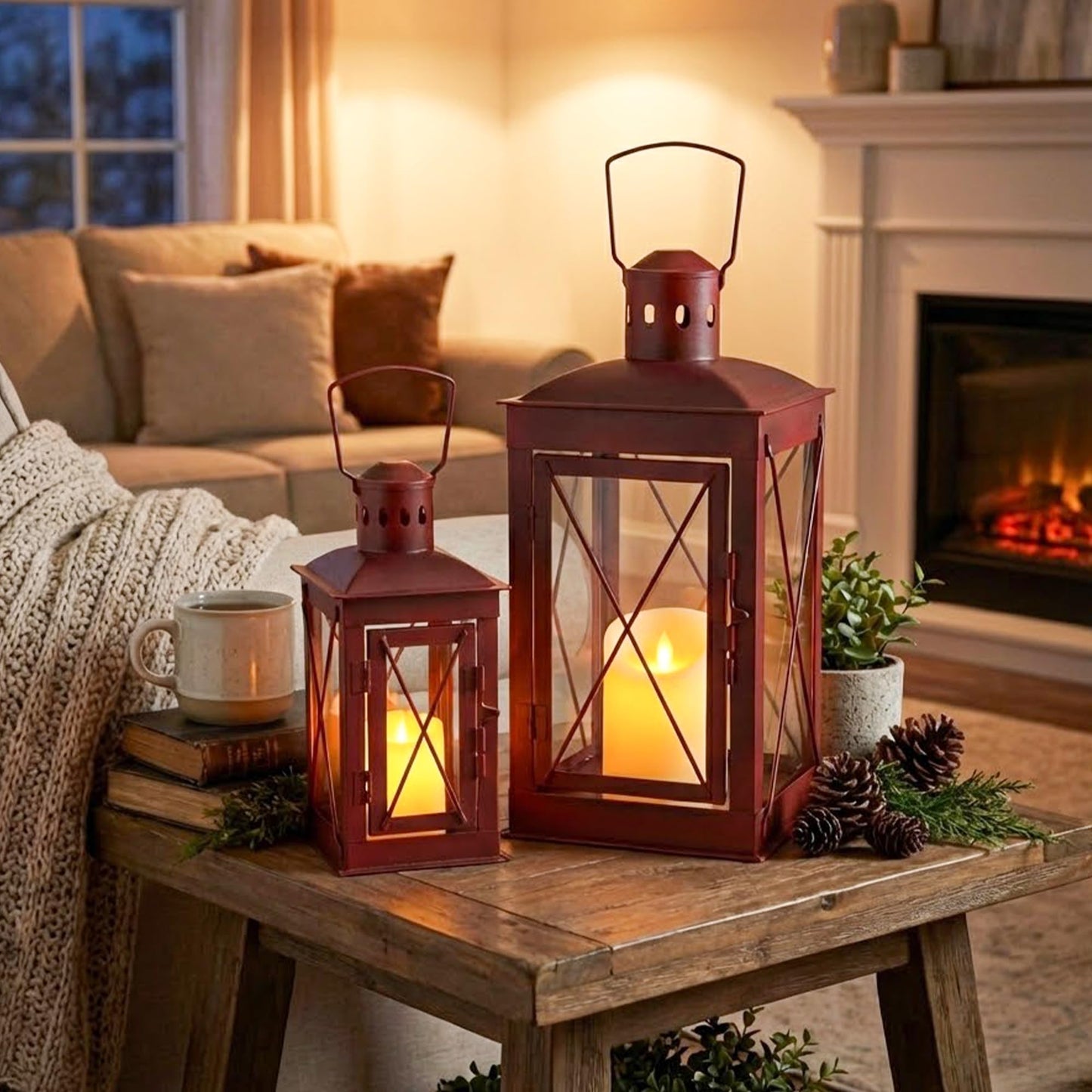 TRIROCKS Set of 2 Decorative Candle Lantern 14/10'' High Metal Candle Holder Hanging Lantern Perfect for Home Decor Patio Living Room Parties Events Tabletop Indoors Outdoors (Red)