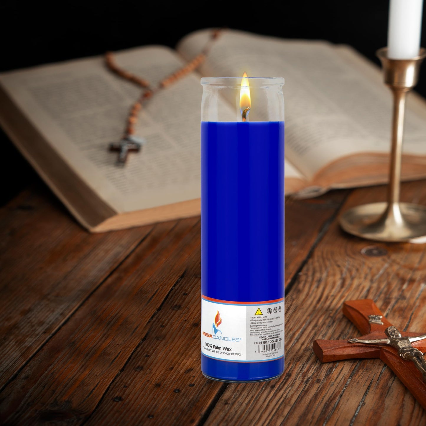Mega Candles 1 pc Unscented Blue Glass Container Devotional Prayer Candles, Shortening Wax Candle 2 Inch x 8 Inch, Sanctuary, Vigils, Prayers, Spiritual, Blessings, Religious, Altar, Remembrance