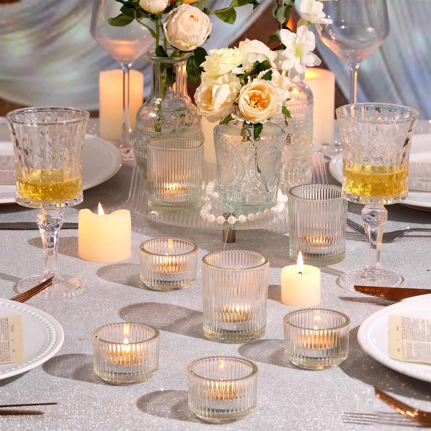 20pcs Assorted Ribbed Clear Votive & Tea Light Candle Holders, Glass Candle Holder for Table Centerpiece, Wedding, Baby Shower, Home and Party Decorations