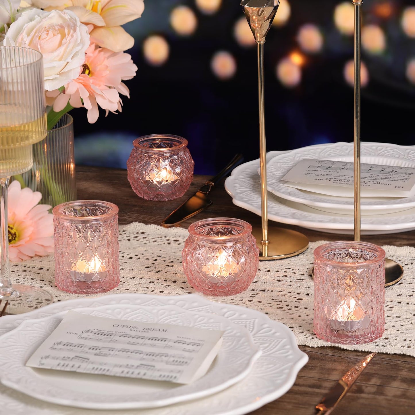 DARJEN 12Pcs Pink Votive Candle Holders- Glass Candle Holders Bulk for Flameless Tea Waxes, Romantic Candle Holder for Wedding & Parties, Home Table Decor