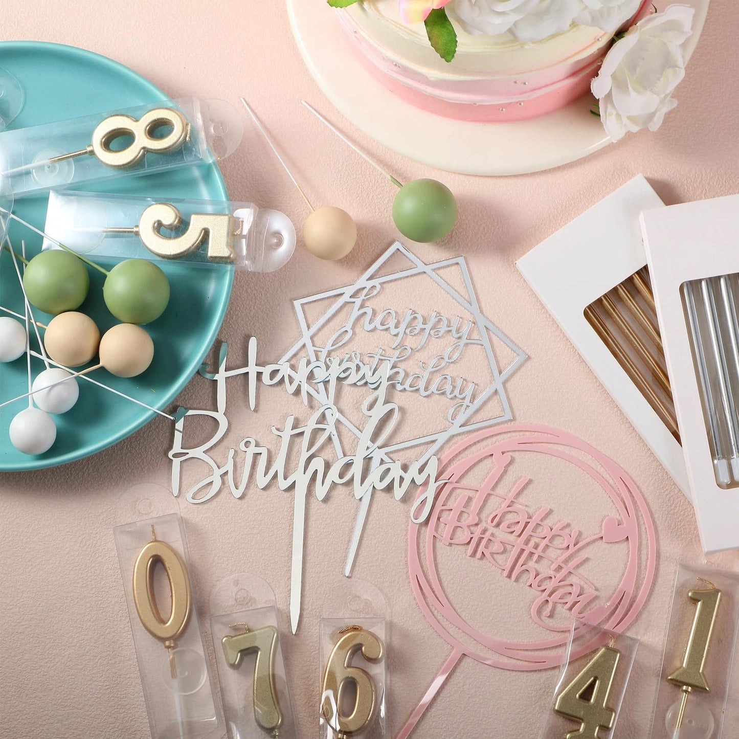 Yerliker 34 Pcs Happy Birthday Cake Toppers Decorations Birthday Candles DIY Cake Decor for Men Women Wedding Anniversary(Sage Green)