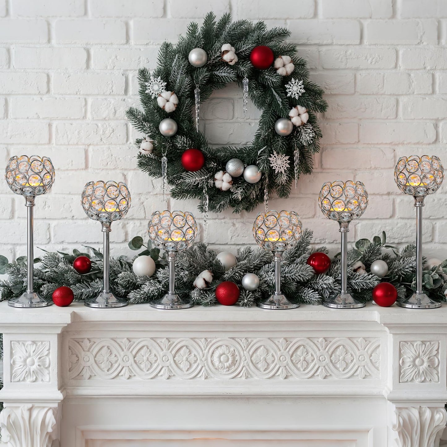 Kehail Set of 3 Silver Crystal Metal Tealight Candlestick, Bling Bowl Candelabras, Tall Votive Candle Holders Elegant Candle Centerpiece for Dining Table Wedding Decor