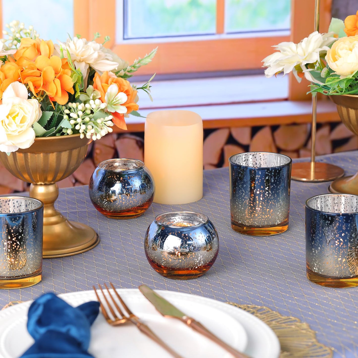 Volens 30pcs Assorted Navy Votive Candle Holders Bulk, Large Mercury Glass Votive for Wedding Table Centerpieces, Navy and Gold Themed Party Decorations and Home Decor