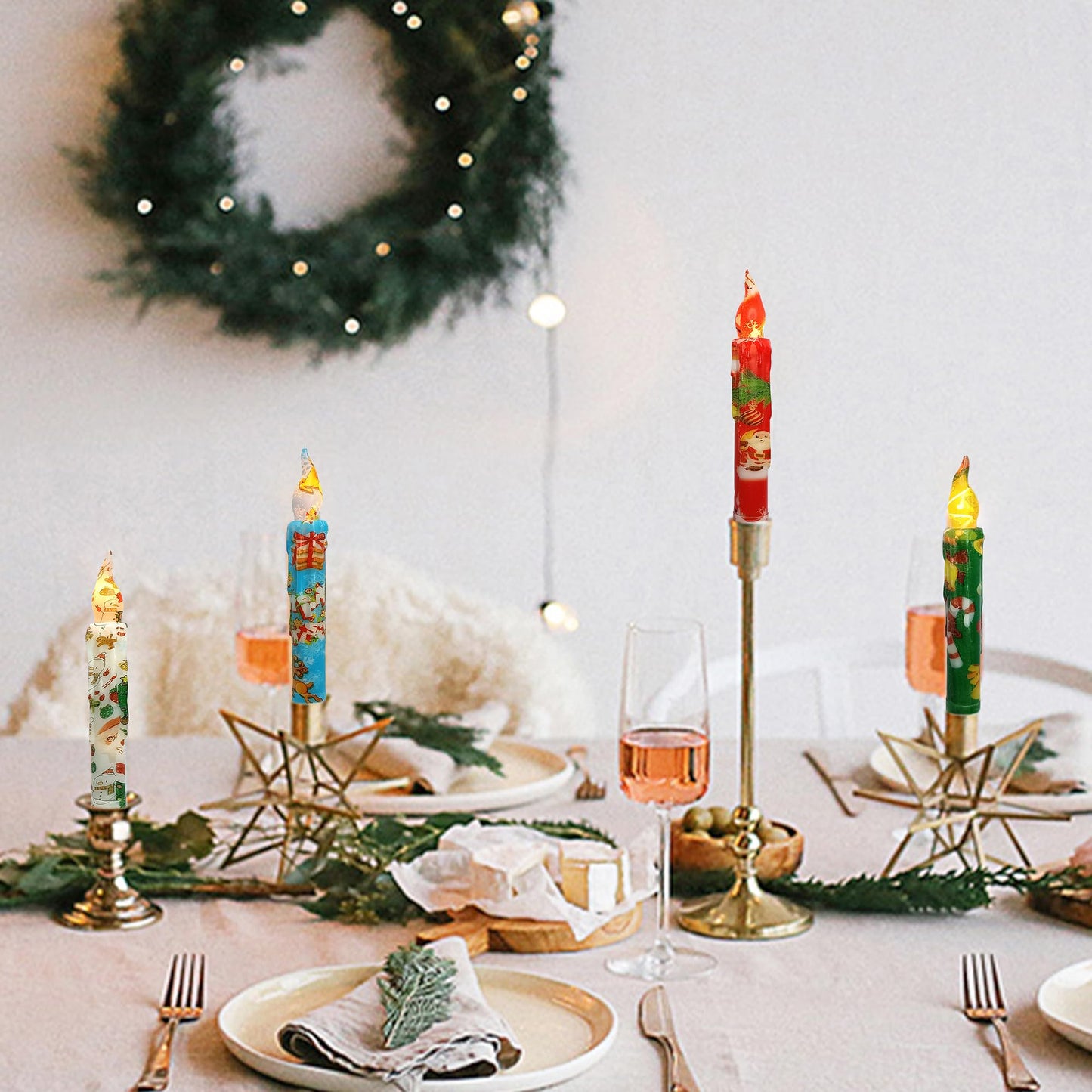 Christmas Candlesticks Flameless Taper Candle,Gedengni 4pcs Red LED Tapered Candles Remote Dipped Candle 6inch Green Battery Chandelier for Enchanting Weddings and Harry Potter Inspired Vigils(CHMAS)