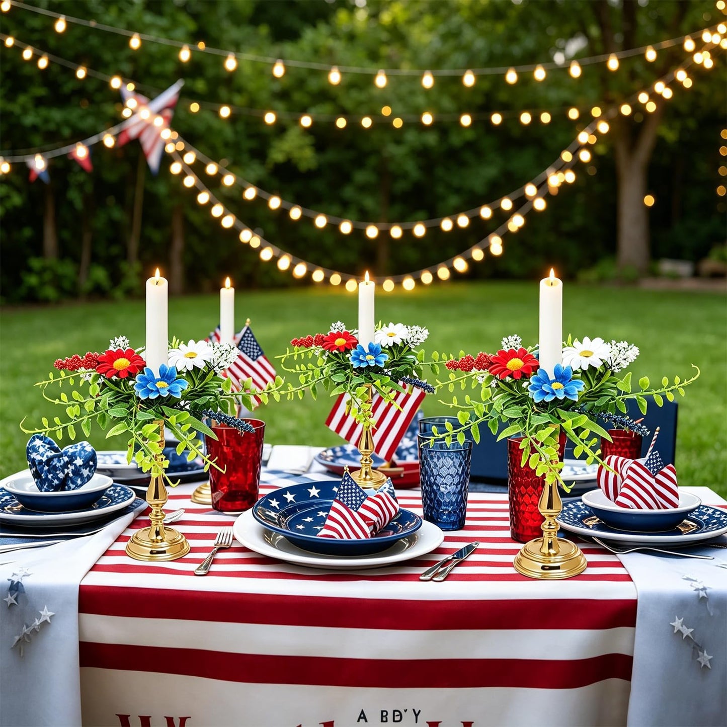 6 PCS Patriotic American Taper Candle Rings Wreaths 1.38" Mini 4th of July Floral Taper Candle Holder with Daisy Artificial Independence Day Table Centerpieces Wreath for Party Home Candlesticks Decor