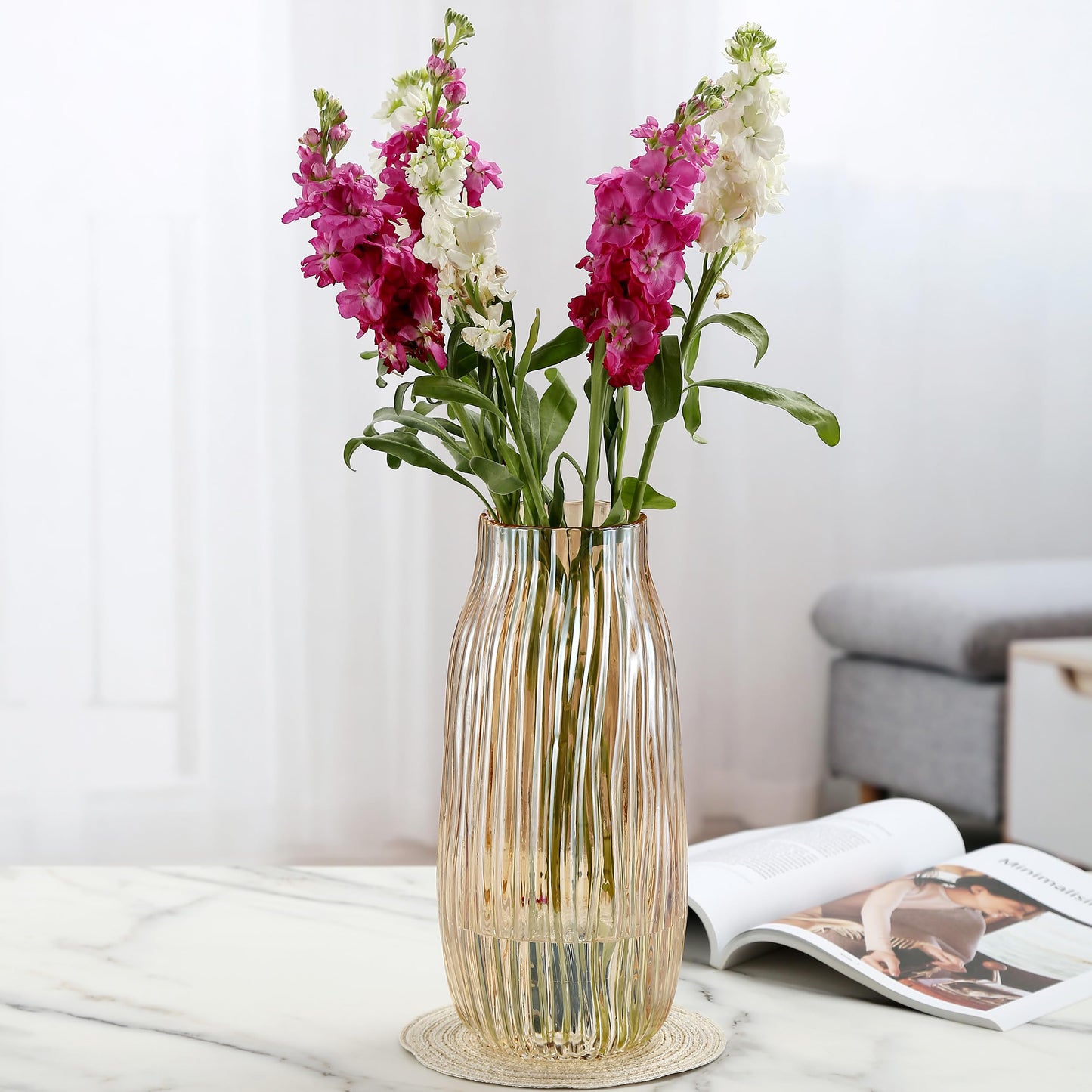 Large Amber Glass Vase for Home Decor Ribbed Tall Gold Floor Vase 12.0" Decorative Vases for Table Centerpieces Flowers Decor and Farmhouse(Brown 8.0in)