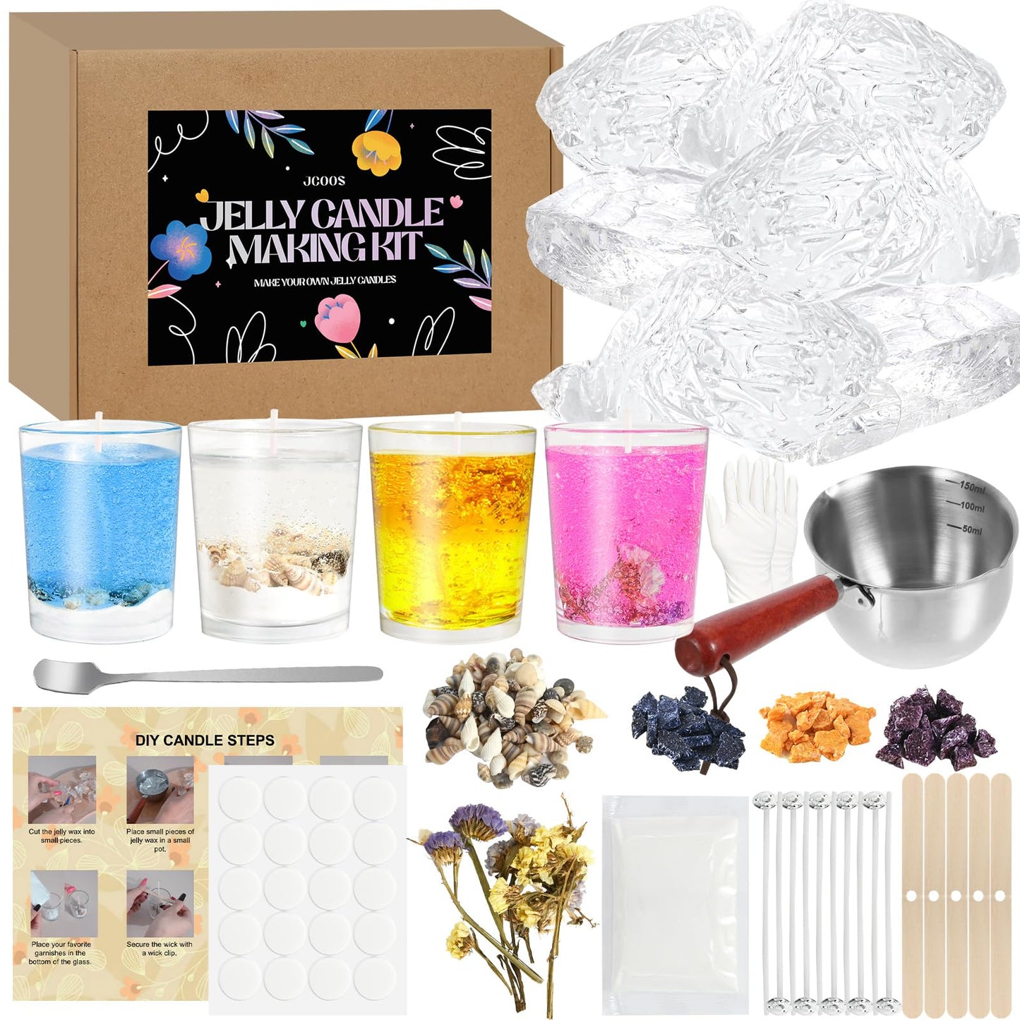 Jcoos Jelly Candle Making Kit, DIY Jelly Wax Melts, Candle Making Kit for Adults, 1.5 lb Gel Wax for Candle Making, Candle Wick, Dried Flowers, Conch, Sand, Dye, Crafting Valentine's Day Gift