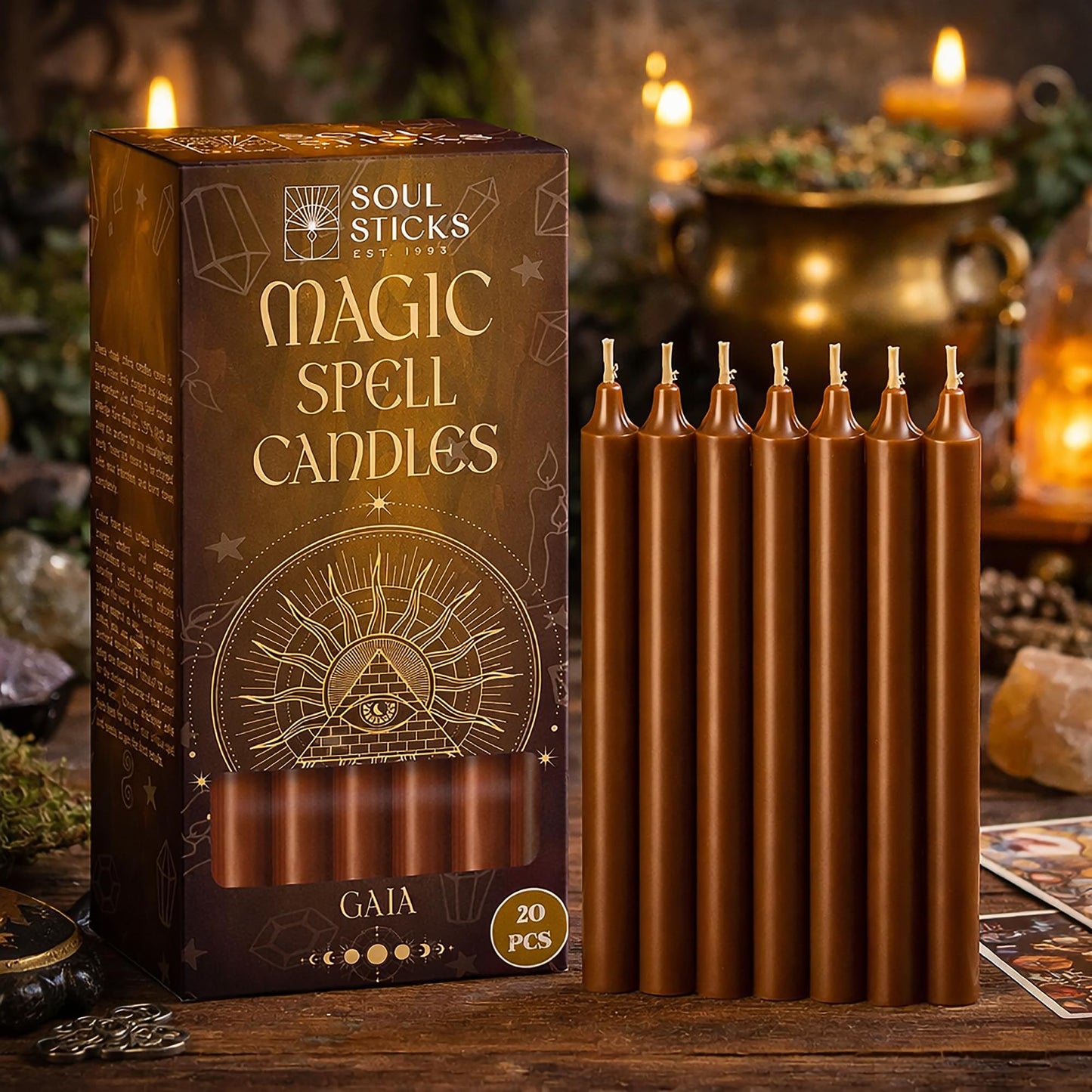 SOUL STICKS Gaia Magic Spell Chime Taper Candles 20 Pack - Ideal for Altar, Rituals, Ceremonies, Meditation Brown Chime Candle for Witchcraft Supplies, Wiccan Supplies, Candles Clearance