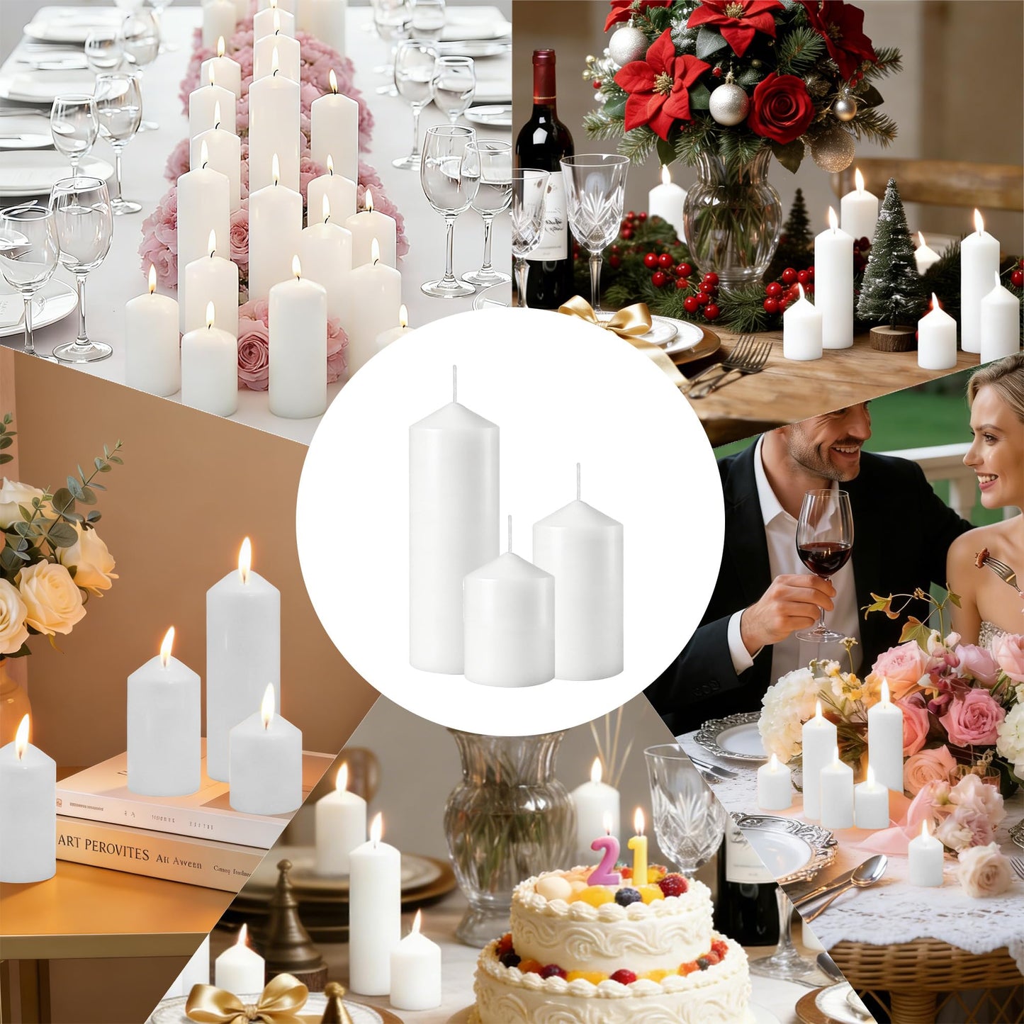 HTTBEIZI 36 Pcs White Pillar Candles Bulk Set | Unscented Dripless Smokeless Wax Candles | 3 Assorted Sizes: 2x3, 2x4, 2x6 for Weddings, Hurricane Vases, and Centerpieces