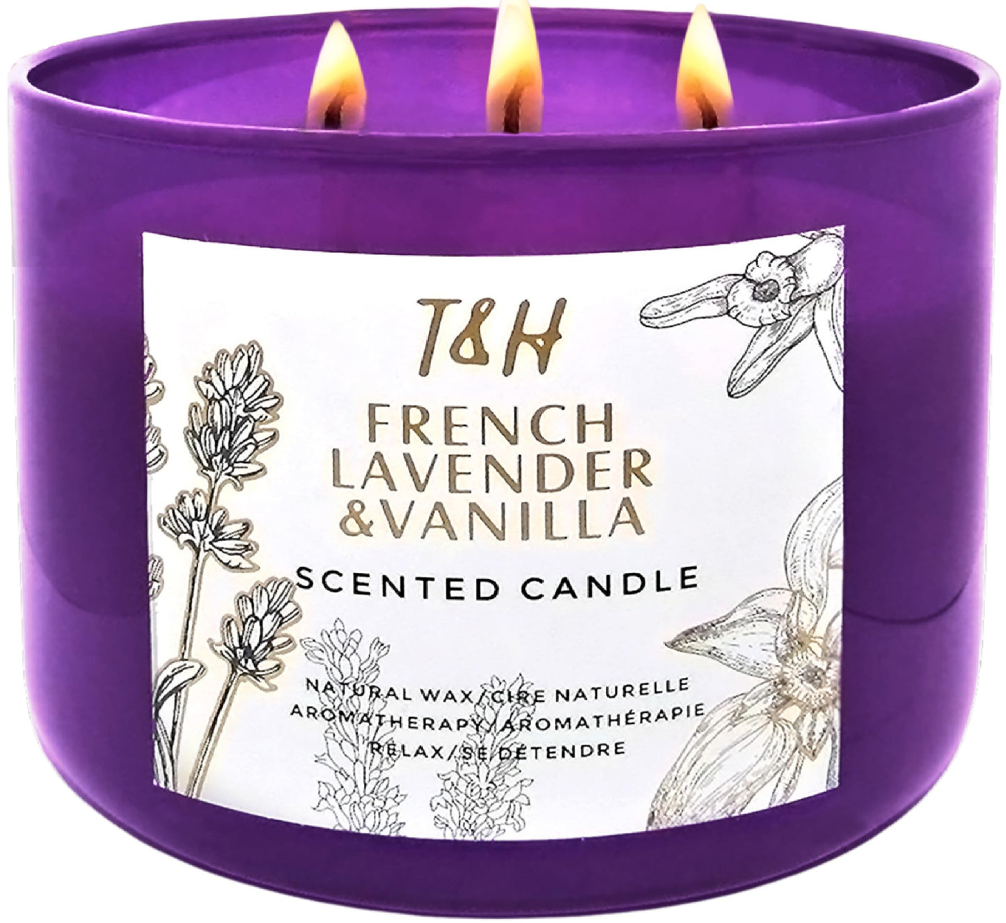 French Lavender Vanilla 3-Wick Scented Candle | 15.8 oz Large Soy Aromatherapy Candle for Home | Clean Burn Long Lasting | Relaxing Floral Vanilla Scent | Cozy Gifts for Women & Men