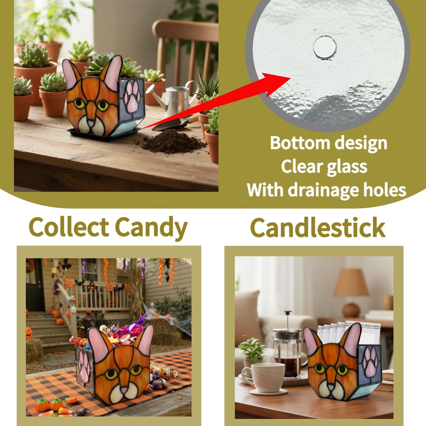 Entlityful Stained Glass Cat Tea Light Holder, Orange Cat Decorative Candle Holder, Handcrafted Animal Design for Home Decor,Cute Plant Pots,Cat Lover Gift