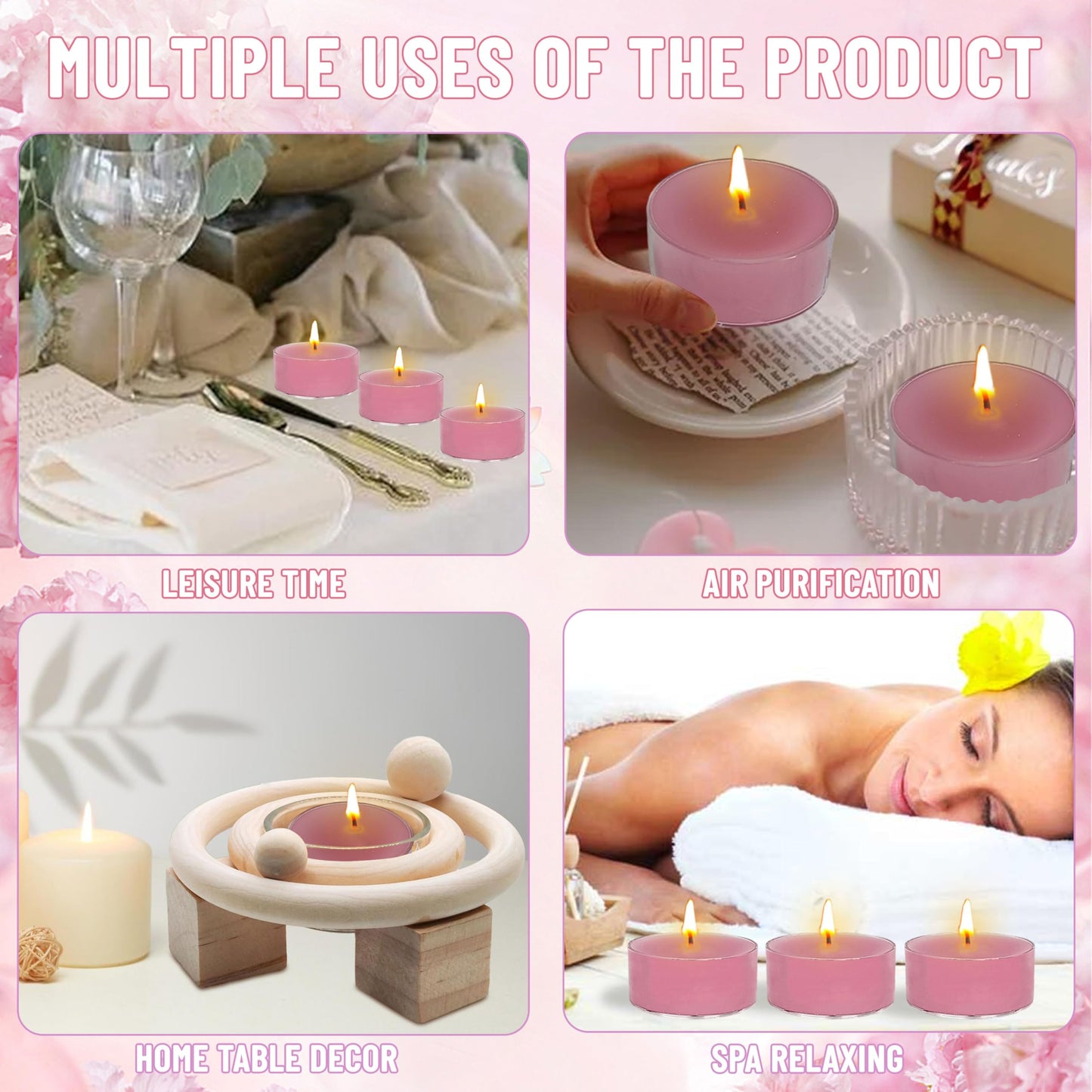 Hand-Poured Cherry Blossom Scented Tea Light Candle 4 Hours Clean Burning Rose Pink Round Tea Light Candle for Wedding Spa Nights Meditation Yoga Bath Relaxation