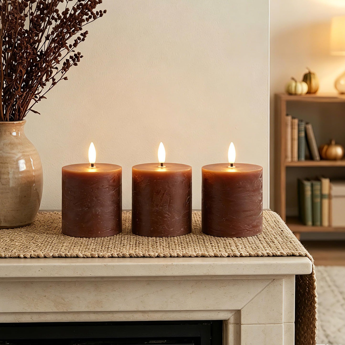 Brown Flameless Pillar Candles with Remote, Real Wax LED Candles Set of 3 (3x3Inch), 3D Flickering Flame, Battery Operated Candles with Timer for Home Decor, Table Centerpiece, Farmhouse Fall Decor
