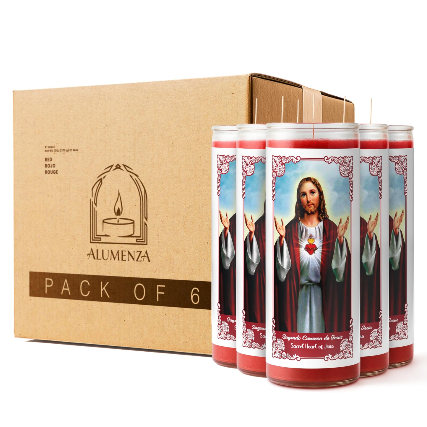 Alumenza 6 Pack Sagrado Corazón de Jesús Candle in Glass Jar 90 Hours – Paraffin Wax, Clean Burning Unscented | Large & Tall Devotional Prayer Pillar Candles for Home, Memorial, Rituals