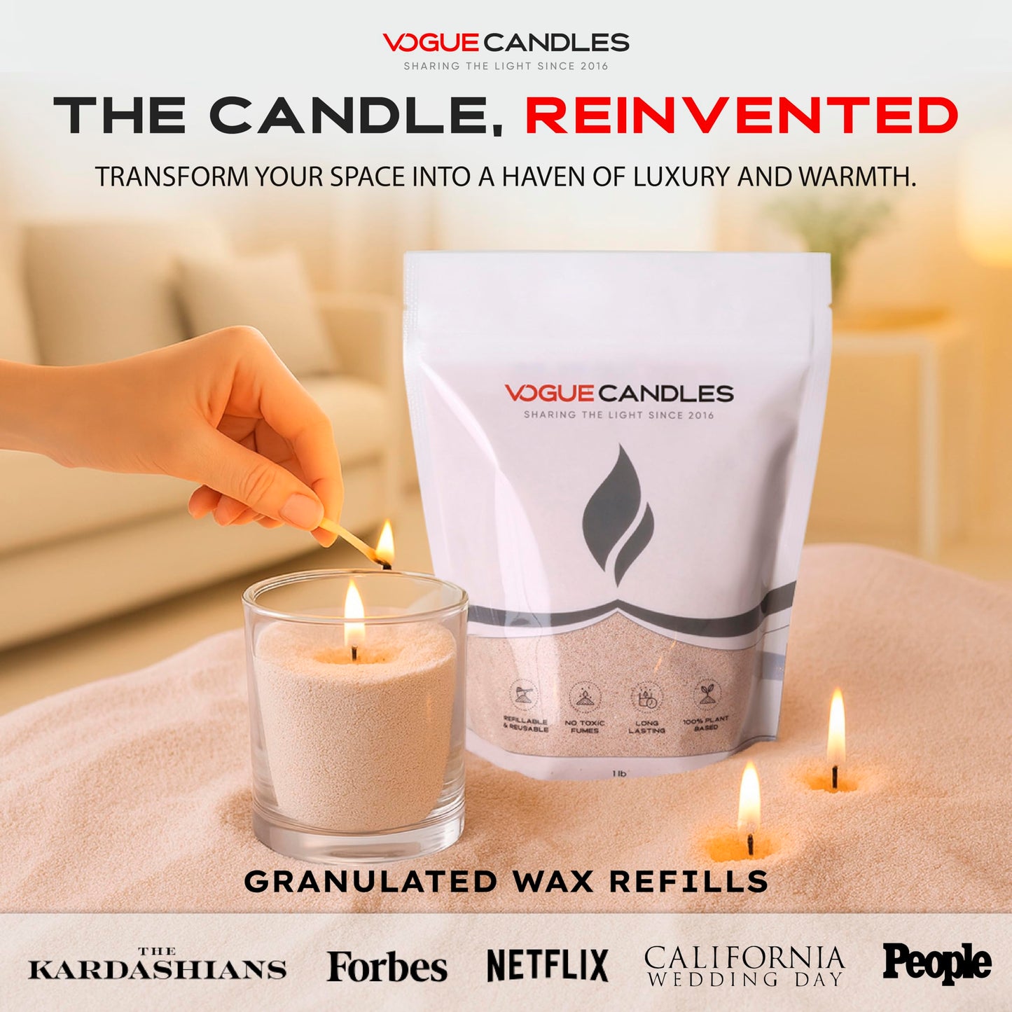 Vogue Candles Nude Pearled Candle Sand Wax (1 LB) – Sand Candle Kit with 15 Cotton Wicks for DIY Home Lighting – Plant-Based & Reusable Wax Granules Refill for Custom Vessels, Décor and Dad Gifts