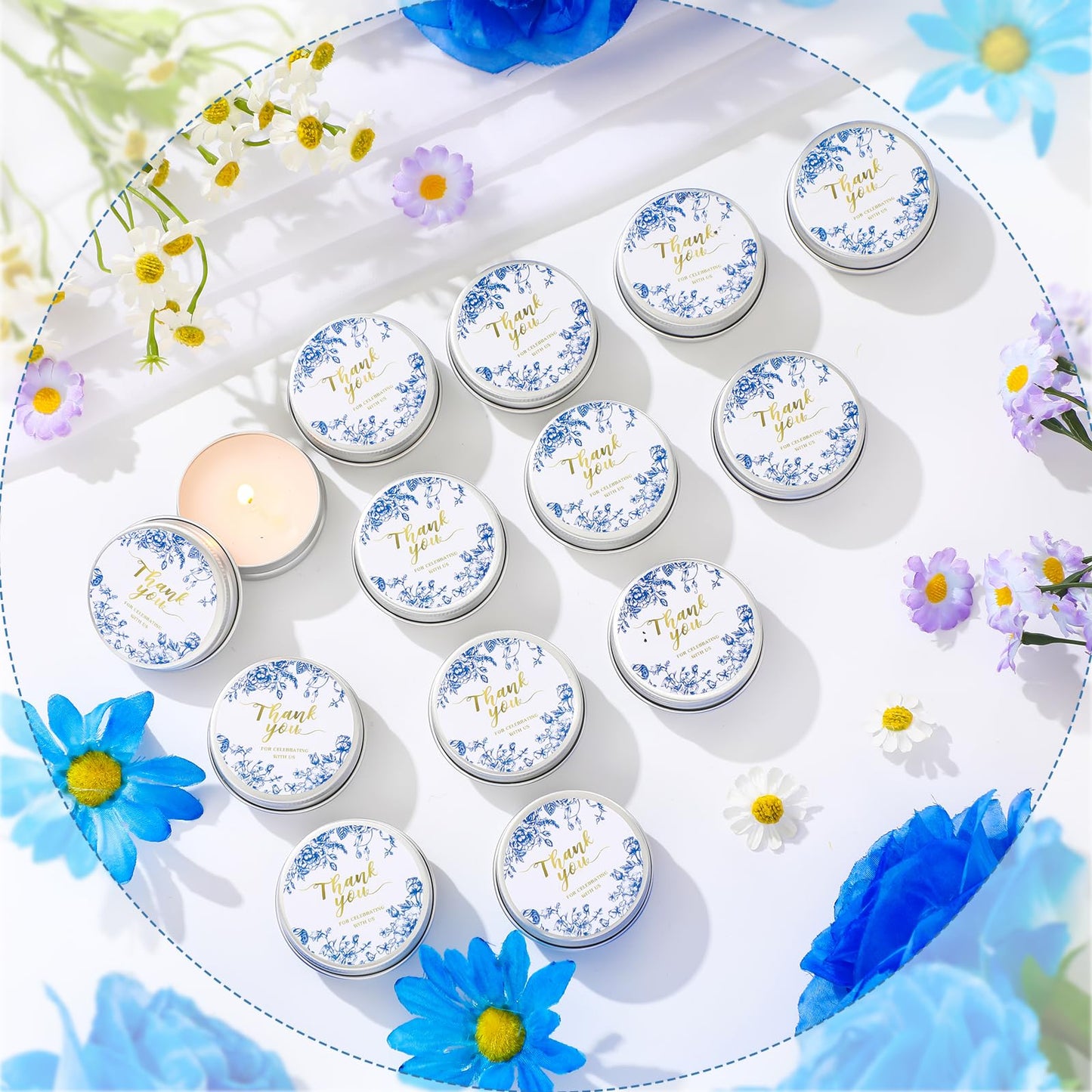 MTLEE 50 Pcs Blue Floral Wedding Candles Gift Favors for Guests 1 Oz Lavender Scented Soy Wax Aromatherapy Candle Favors for Bridal Shower Rustic Wedding Party Guests(Blue Floral)