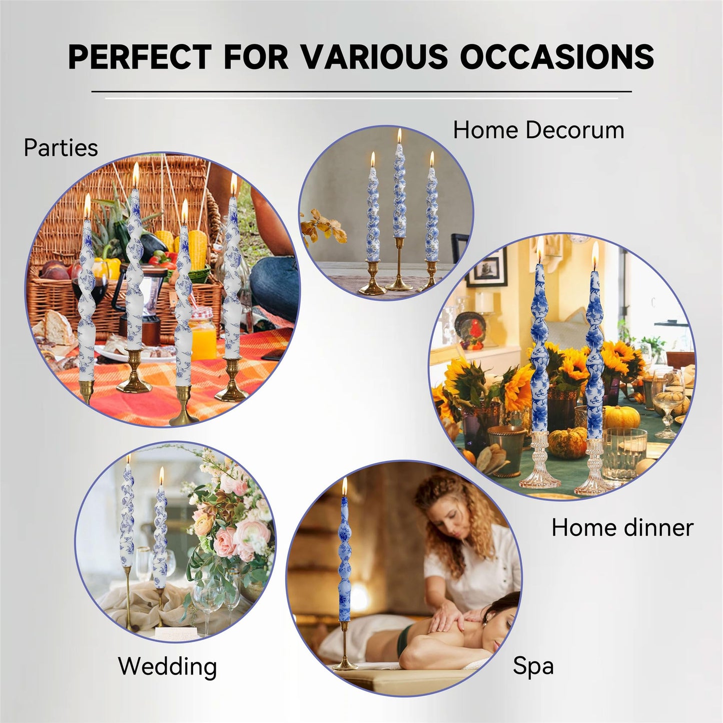 Gedengni Spiral Candle Sticks Printed Candlestick,Set of 4 Long Taper Candle Colorful Twisted Candlesticks 10 inches Blue Flower Tapered Candles for Home Wedding Women Gifts (2D4T-BLUFLW)