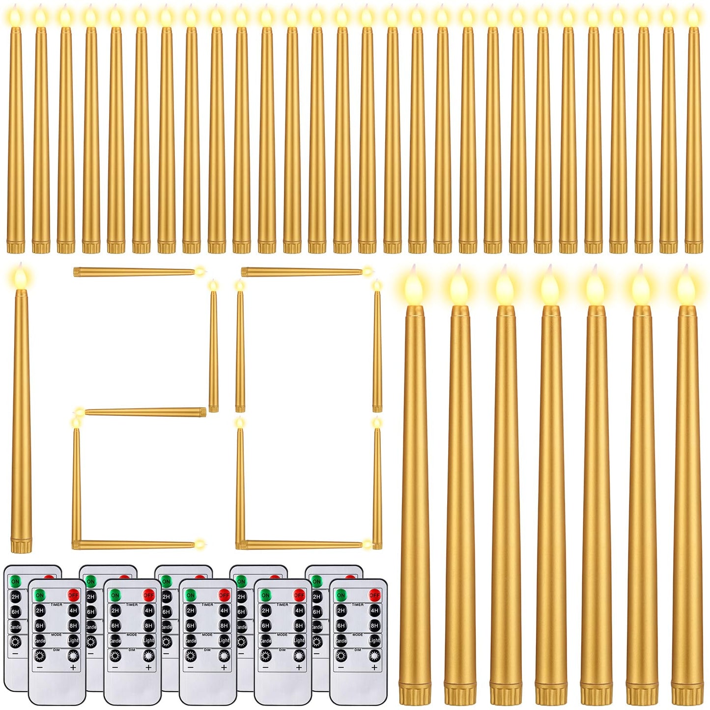Baquler 120 Pcs Flameless Taper Candles with Remote and Timer 11" Battery Operated Candlesticks LED Flickering Faux Candles Warm Light for Wedding Holiday Party Home Decor (Gold)