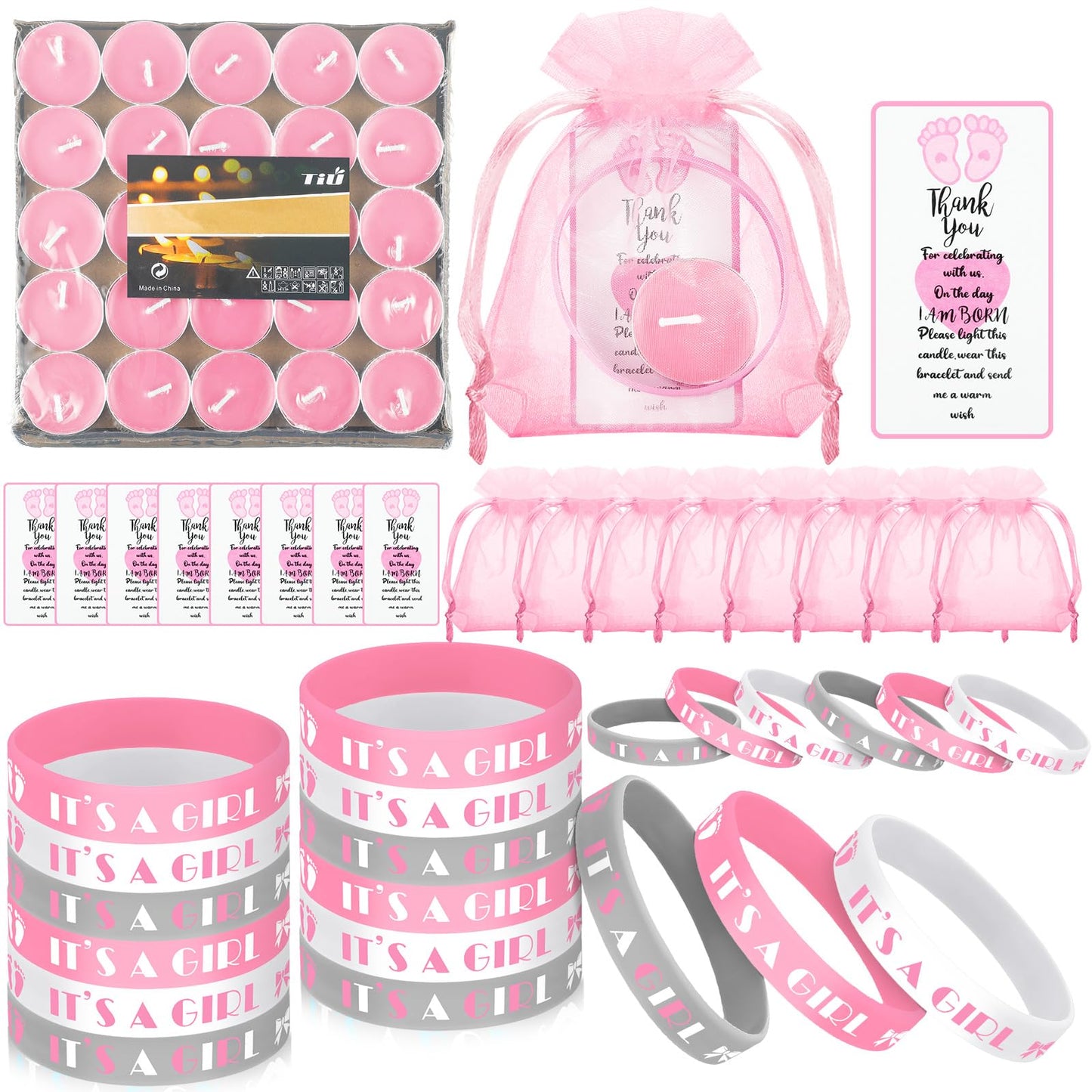 MTLEE 50 Sets Baby Shower Favors Tea Light Candles for Guests Cute Baby Shower Decorations with 50 Cards and 50 Organza Bags and 50 Silicone Bracelets for Boys Girls Gender Reveal (Pink,Cute)