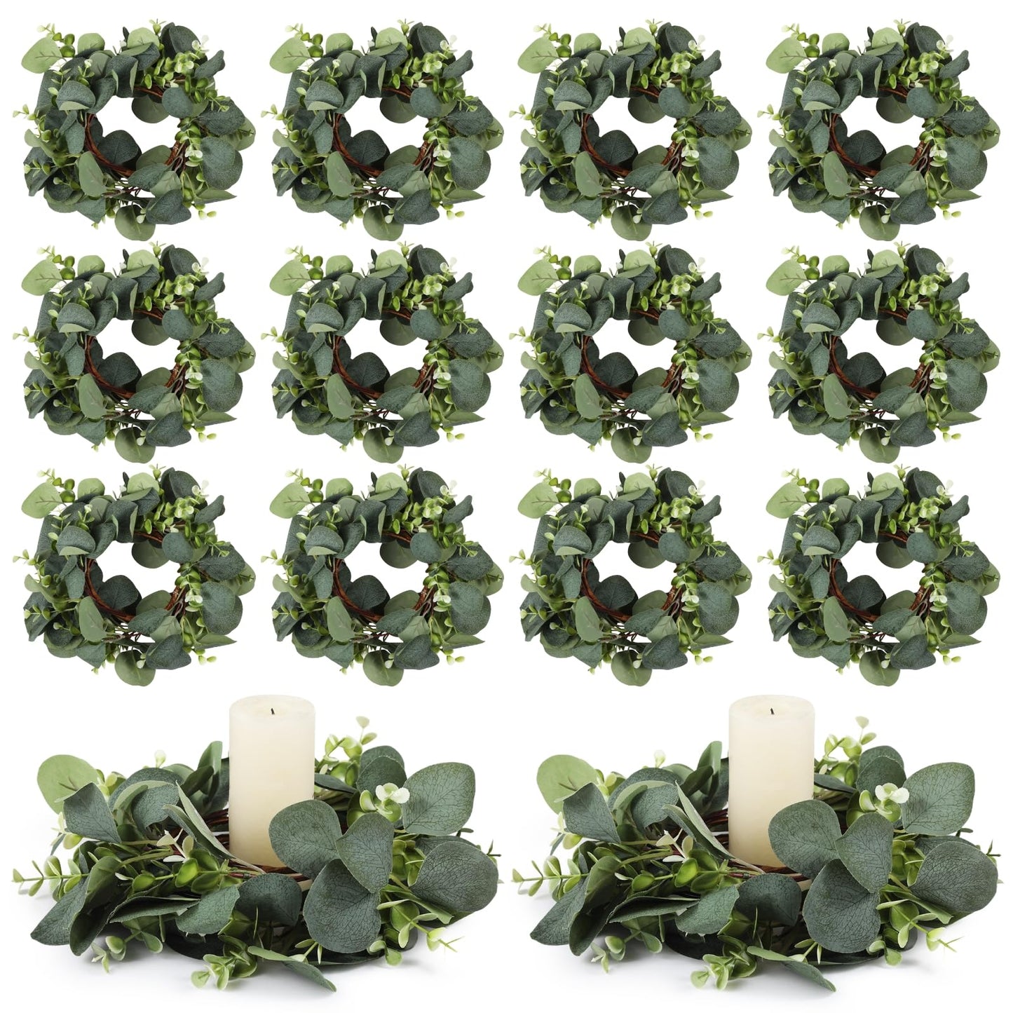 Wedding Candle Rings Wreaths, 20 Pcs Artificial Eucalyptus Leaves Wreaths for Summer, Spring and All Seasons, Green Eucalyptus Leaves for Home Decoration Rustic Farmhouse Decor Party Home Table Decor
