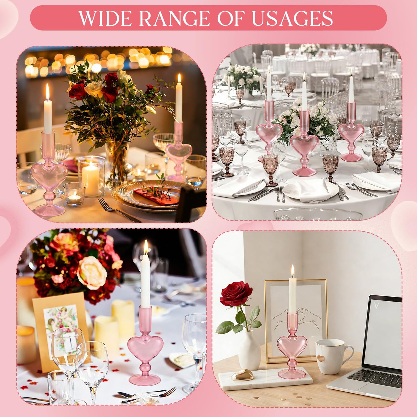 Teecyhooo 4pcs Valentine's Day Candle Holder 7" Heart Glass Taper Candlestick Holder Valentines Heart Candle Stick Vase Decor for Wedding Party Table Centerpiece(Pink)
