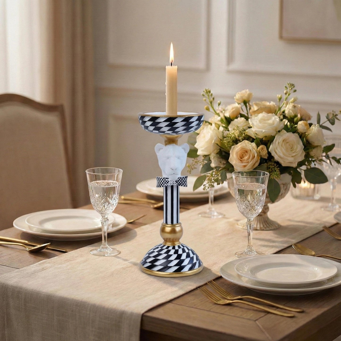 Crowned Animal Candlestick Holder Black & White Checkerboard Taper Candle Holder with Gold Accents Eclectic Resin Statue for Modern Home Decor, Table Centerpiece