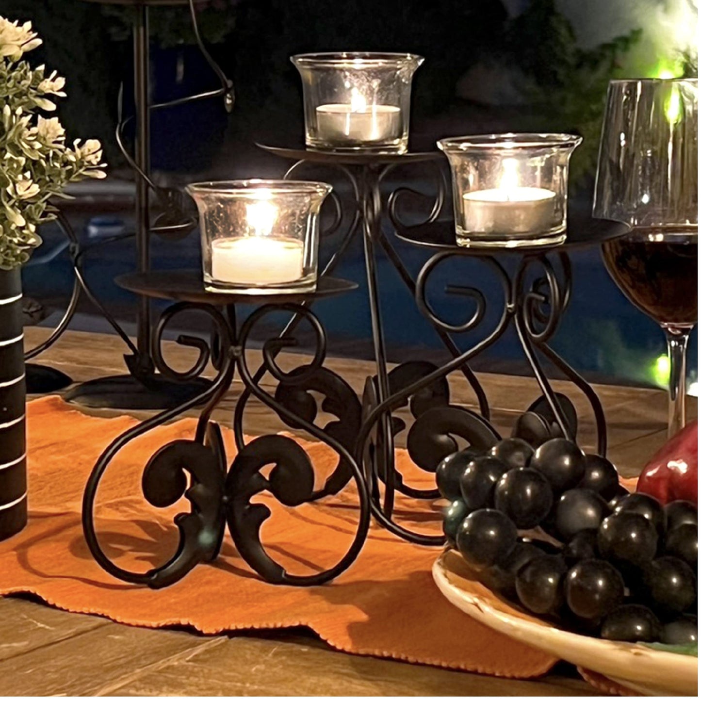 Lily’s Home Elegant Scrollwork Fleur De Lis Pillar Candle Holders, Wax & LED Candle Stands, Black, Set of 3. Candles Not Included