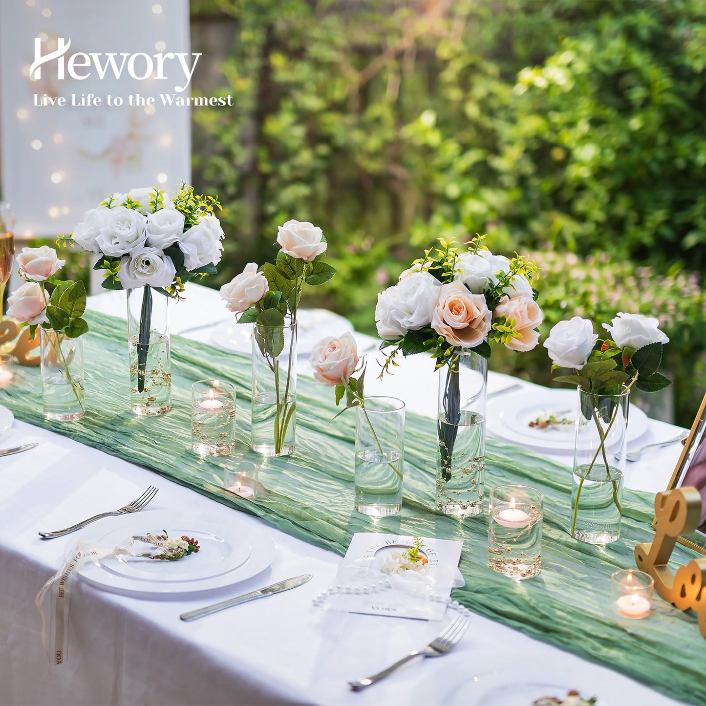 Hewory Glass Cylinder Vases for Centerpieces: Set of 12 Clear Hurricane Vase Bulk with Pearl String for Wedding Table Birthday Party Decoration - Tall Candle Holders for Floating Candle Bouquet
